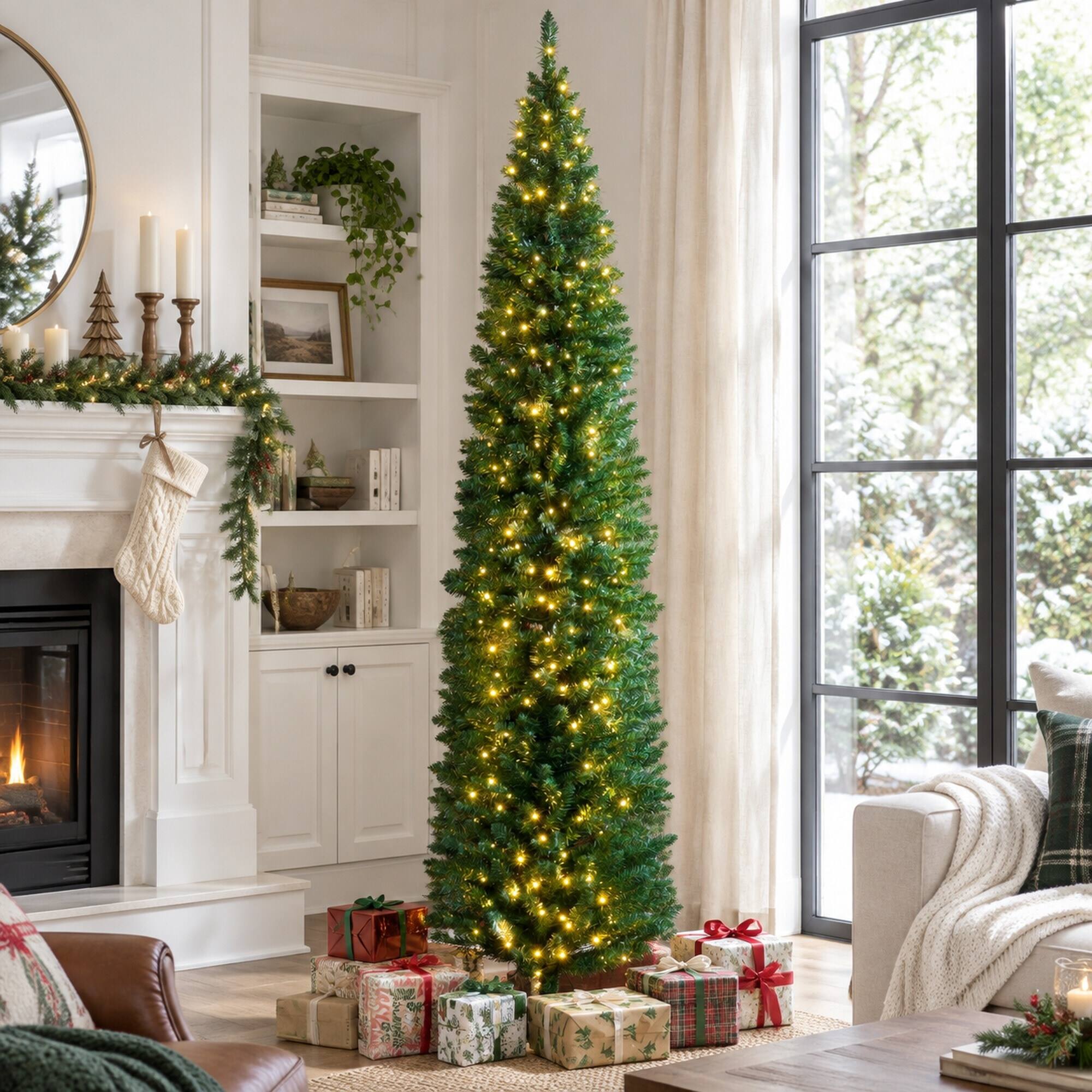 Back. RYHNUYNE - 8 Ft Pre-Lit Slim Noble Fir Artificial Christmas Tree With 300 Warm White LED Lights, 618 Tips Metal Stand Decor - Green.