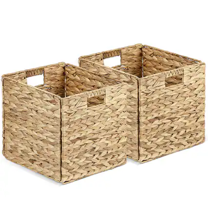 Front. Garnen - 2x Wicker Storage Basket with Handle, Wicker Basket for Storage Cube Basket, 12x12 Storage Cube Bins Laundry Organizer - Brown.