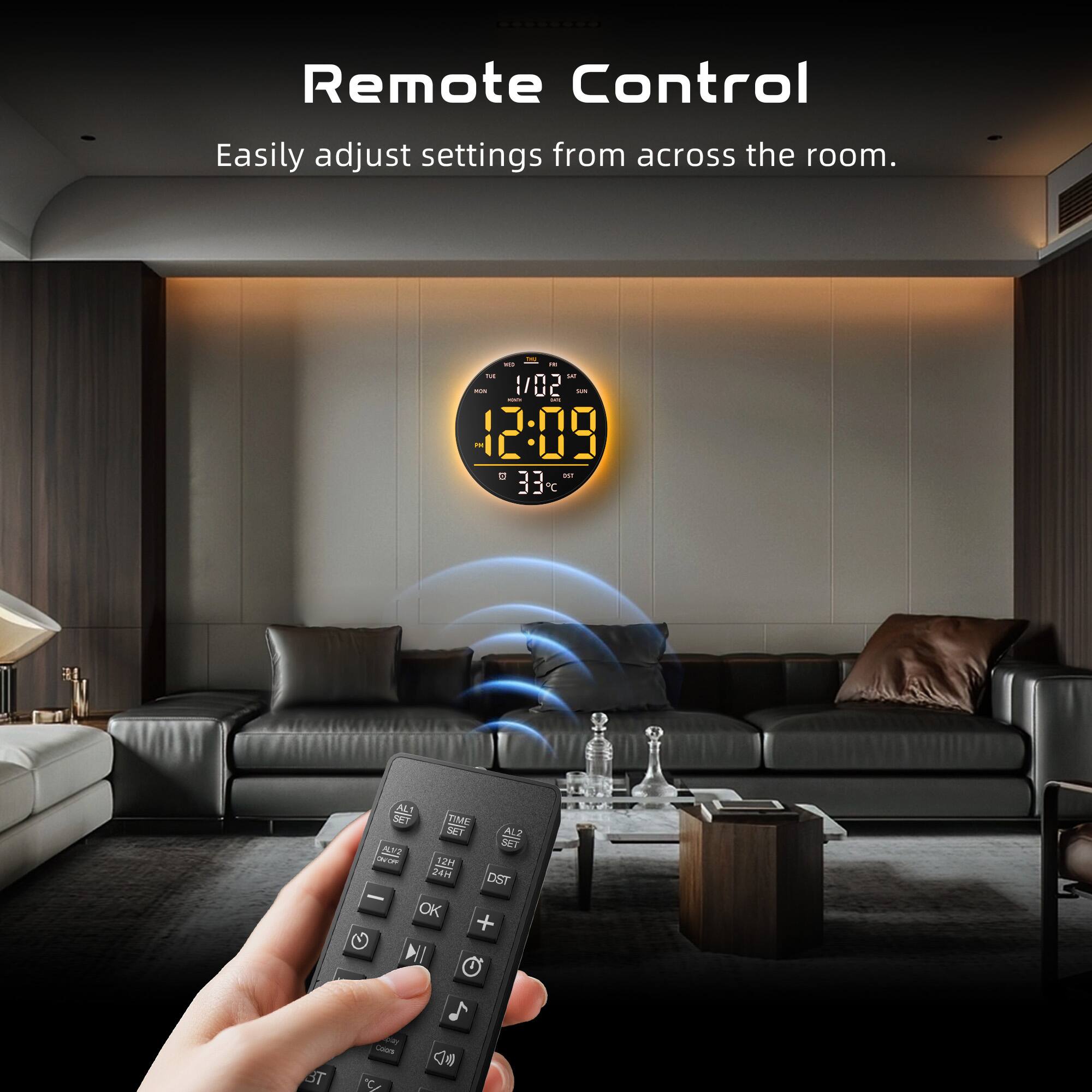 Remote Control  
Easily adjust settings from across the room.  

1/02  
12:09  
33°  

ALT 3d  
TIME 201  
AL2 241  

No 12M  
24H  
DST  

OK