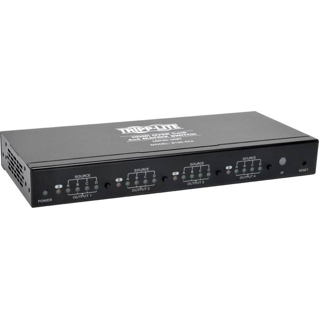 TRIPP-LITE  
MODEL: 1108-4AA  
4 PORT HDMI SWITCH  

SOURCE A B C D  
OUTPUT 1  
POWER  

SOURCE A B C D  
OUTPUT 2  

SOURCE A B C D  
OUTPUT 3  

SOURCE A B C D  
OUTPUT 4  

IR  
RESET