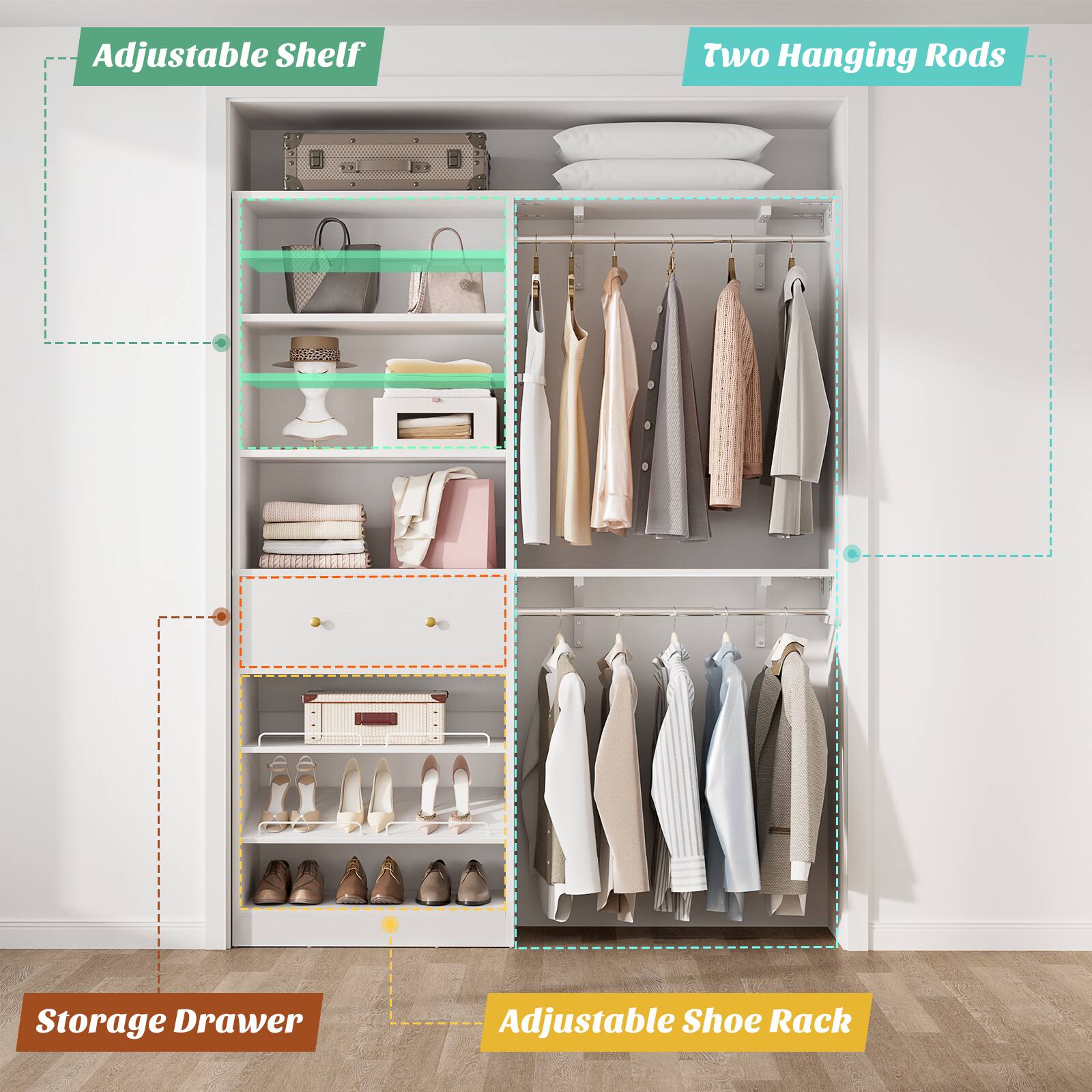 Adjustable Shelf  
Two Hanging Rods  
Storage Drawer  
Adjustable Shoe Rack