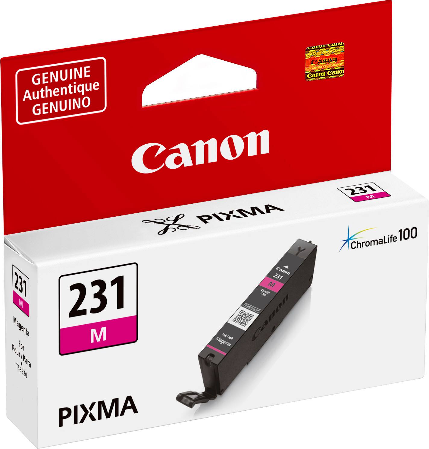 The text on the image reads "Camon Cm CSm aLe GENUINE Canon Cnor - Authentique GENUINO Canon 231 M PIXMA 100 ChromaLife Canon 231 231 M - C-N M 231 Canon Magenta M - Bad For Magenta Four IPara 2 PIXMA." This text is a mixture of different phrases and sentences, and it does not convey a coherent message. To group and correct the text, I would suggest rephrasing it as follows:

"This is a genuine Canon product, featuring the PIXMA 100 ChromaLife technology. The ink cartridge is compatible with Canon printers and has a capacity of 231 pages. The cartridge is designed for use with Canon Magenta M ink, which is ideal for printing high-quality photos and graphics. The cartridge is also compatible with the Canon PIXMA printer series."
