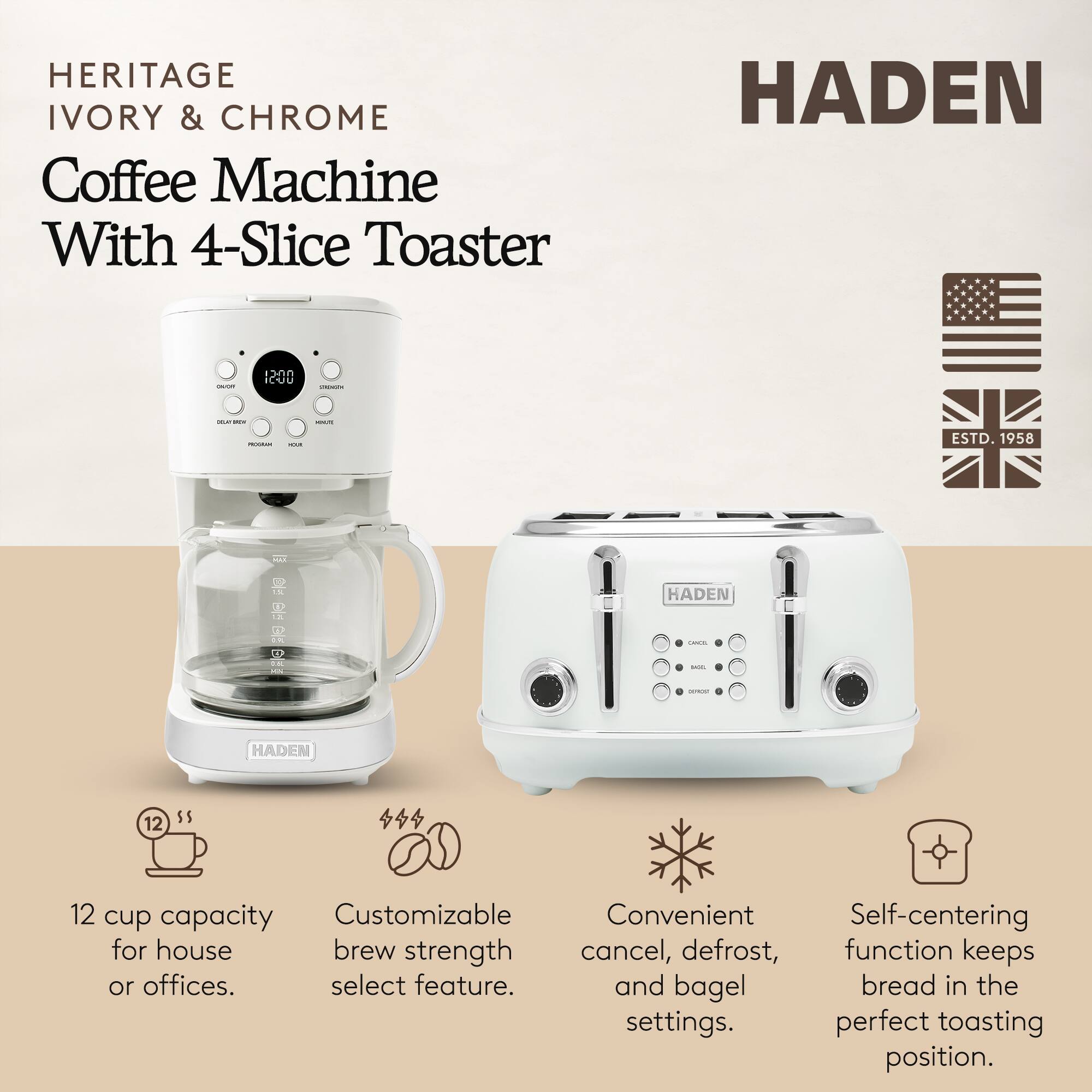 HERITAGE IVORY & CHROME Coffee Machine With 4-Slice Toaster HADEN - 00S1

ESTD. 1958

12 cup capacity for house or offices.
Customizable brew strength select feature.
Convenient cancel, defrost, and bagel settings.
Self-centering function keeps bread in the perfect toasting position.