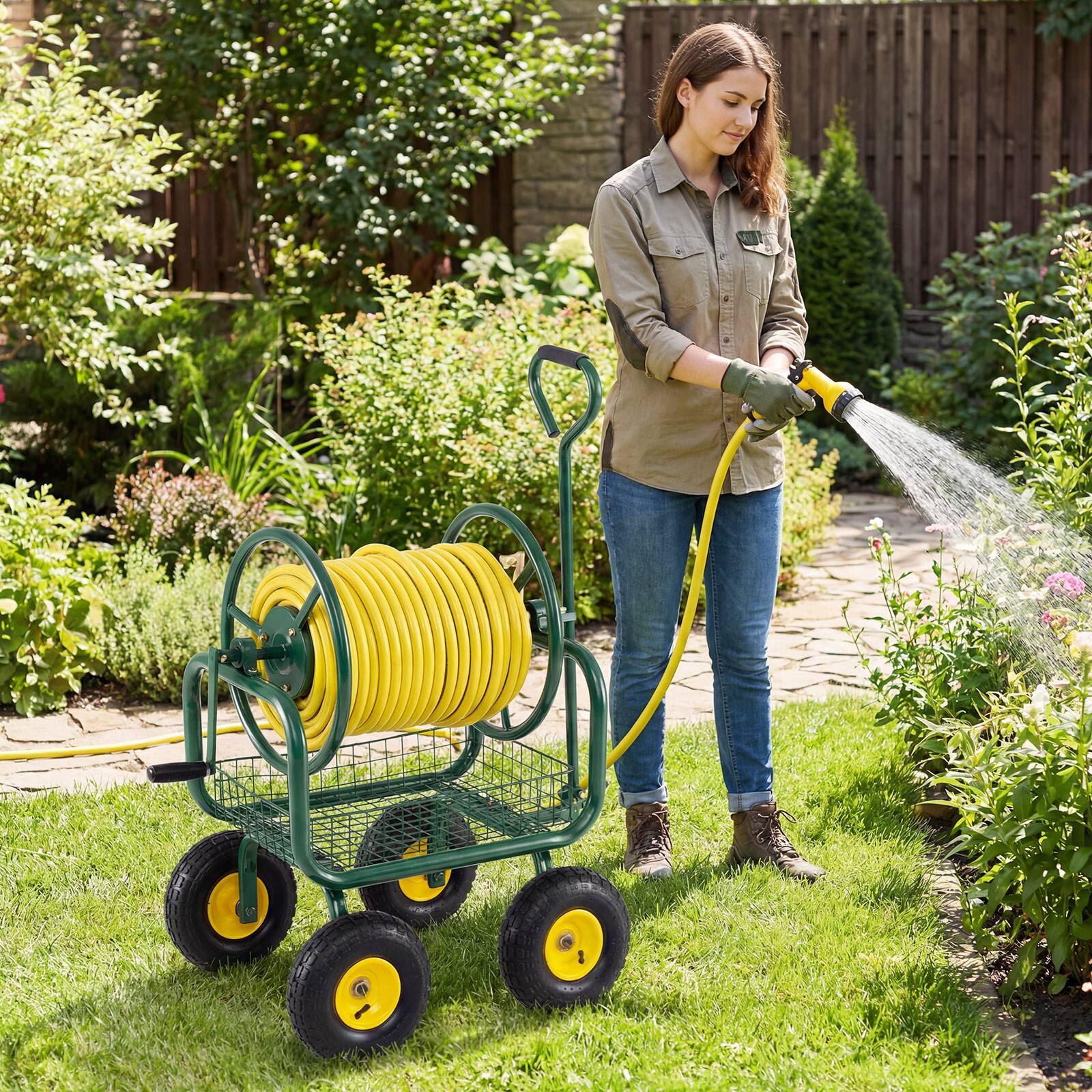 Alt View 3. Costway - Costway Garden Hose Reel Cart with 4 Wheels, Storage Basket, 300 FT of 5/8" Large Capacity - Green.