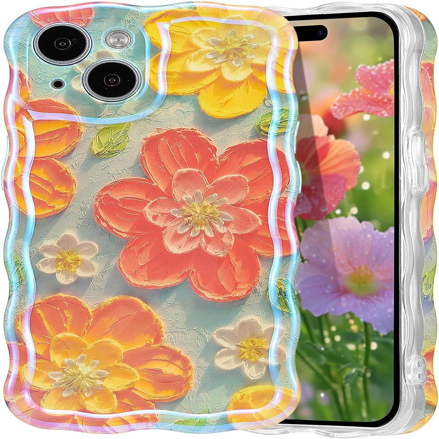 Case for iPhone 14, Colorful Retro Oil Painting Flower Laser Glossy Cute Curly Wave - Multicolor