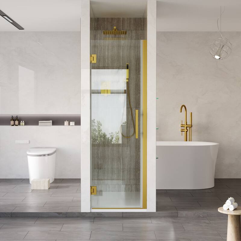 WELLFOR - 23–24 in. W x 72 in. H Frameless Hinged Shower Door with 3/8" Clear Tempered Glass, Reversible Opening - Brushed Gold