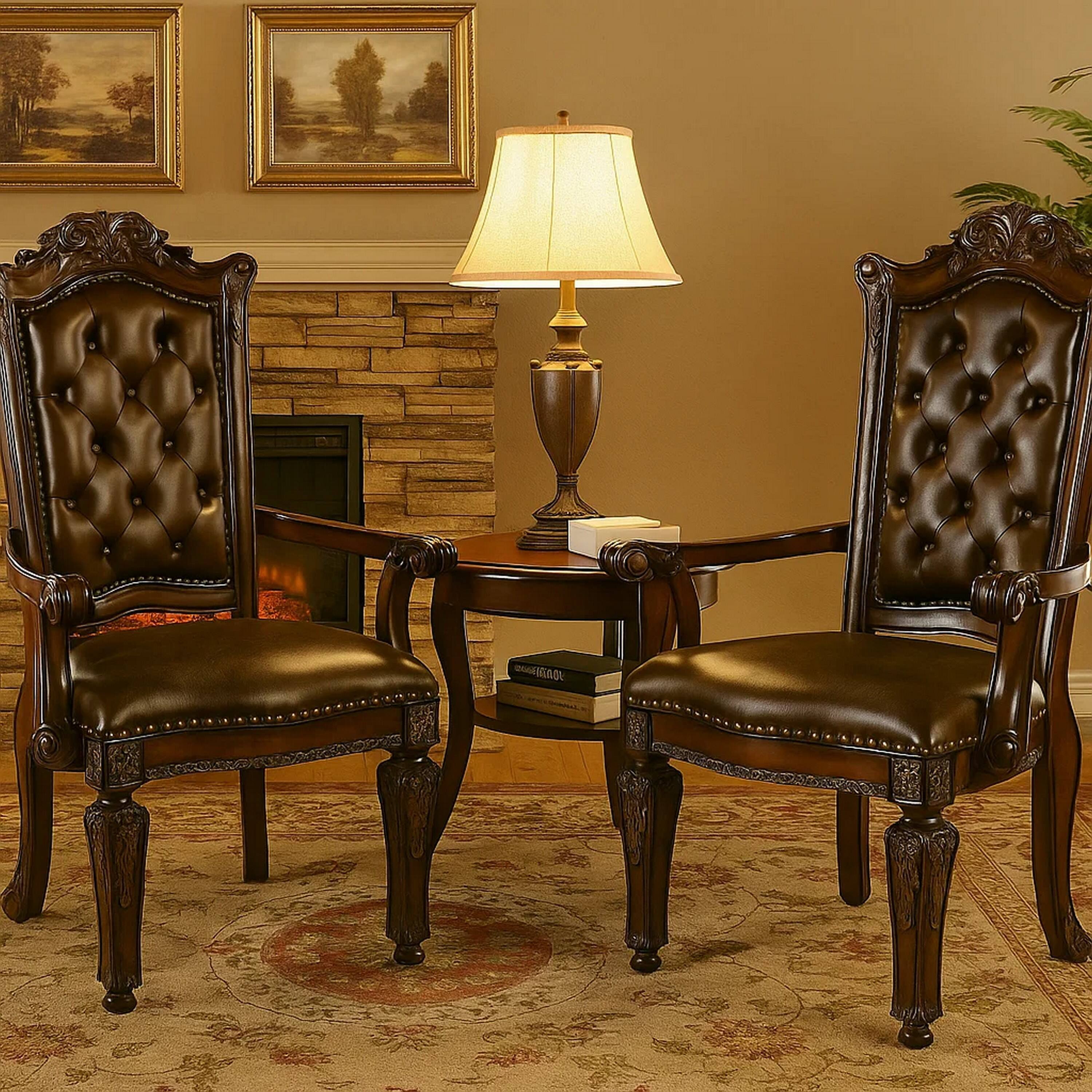 Alt View 6. Manhattan Lane - Leather Upholstered Button Tufted Wooden Side Chair, Set of 2 - Brown.