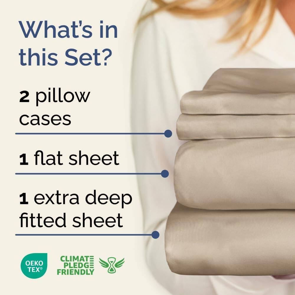 What's in this Set?

- 2 pillow cases
- 1 flat sheet
- 1 extra deep fitted sheet

CLIMATE PLEDGE FRIENDLY

OEKO TEX
