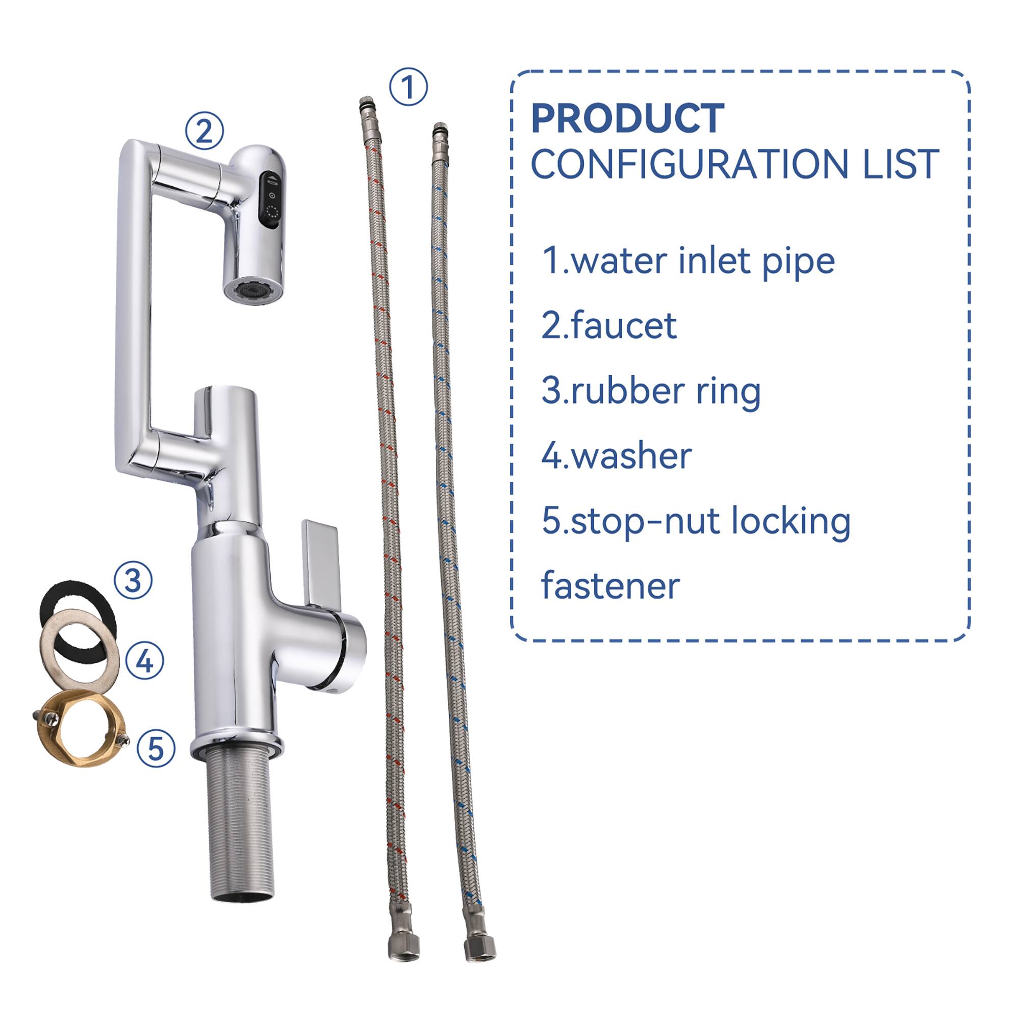 2 1 PRODUCT CONFIGURATION LIST 1.water inlet pipe 2.faucet 3.rubber ring 4.washer 5.stop-nut locking fastener