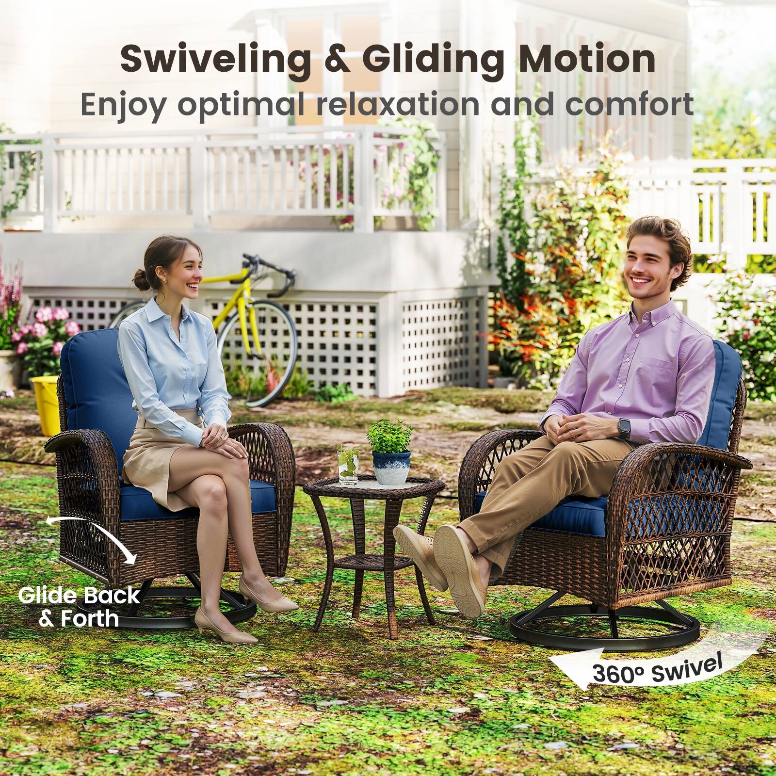 Swiveling & Gliding Motion  
Enjoy optimal relaxation and comfort  
Glide Back & Forth  
360° Swivel