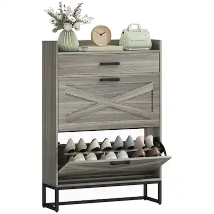 Front. Homcom - Narrow Shoe Storage Cabinet, 12 Pairs Farmhouse Shoe Organizer with 2 Flip Drawers, Adjustable Shelves - Distressed Gray.