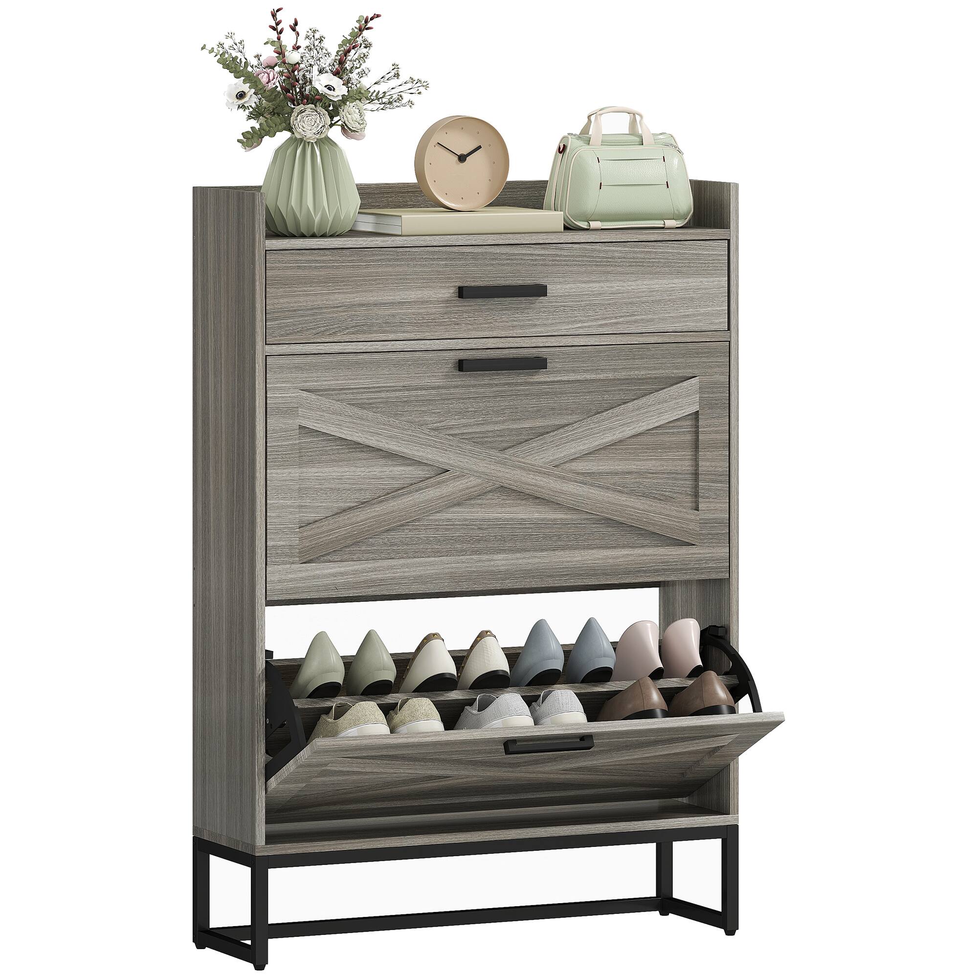 Front. Homcom - Narrow Shoe Storage Cabinet, 12 Pairs Farmhouse Shoe Organizer with 2 Flip Drawers, Adjustable Shelves - Distressed Gray.