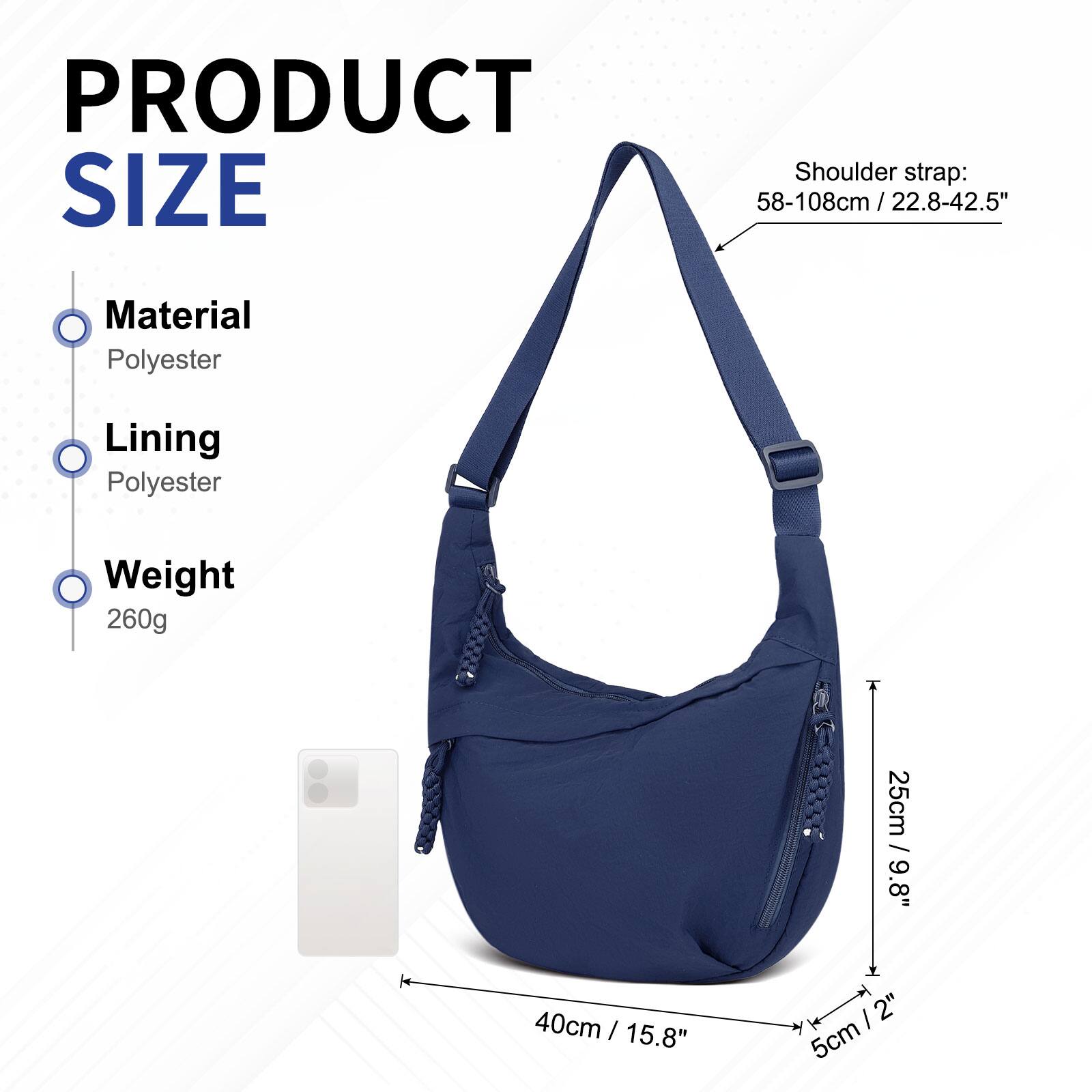 PRODUCT SIZE  
Shoulder strap: 58-108cm / 22.8-42.5"  
Material: Polyester  
Lining: Polyester  
Weight: 260g  

Dimensions:  
- 25cm / 9.8"  
- 40cm / 15.8"  
- 5cm / 2"