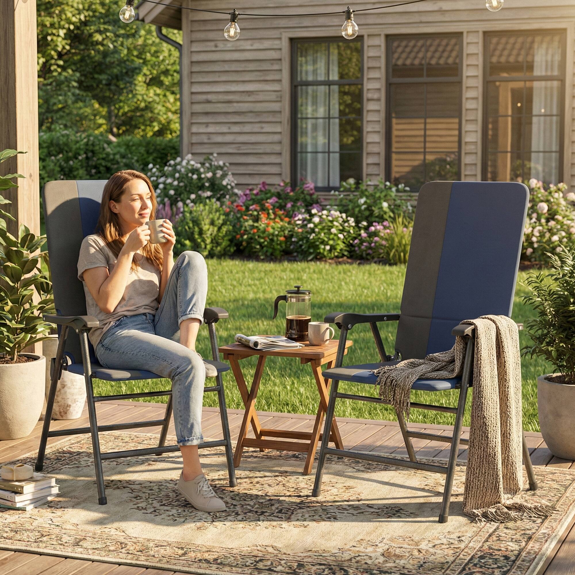 Alt View 8. Outsunny - Patio Chairs Set of 2, Padded High Back Lawn Camping Chairs with Armrests, 600D Oxford Fabric - Dark Blue.