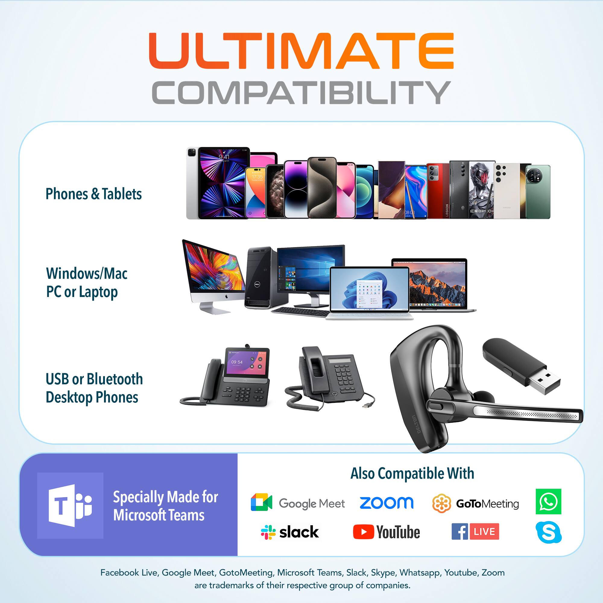 ULTIMATE COMPATIBILITY

Phones & Tablets
Windows/Mac PC or Laptop
USB or Bluetooth Desktop Phones

Specially Made for Microsoft Teams

Also Compatible With
Google Meet
Zoom
GoToMeeting
Slack
YouTube
Facebook Live, Google Meet, GotoMeeting, Microsoft Teams, Slack, Skype, Whatsapp, Youtube, Zoom are trademarks of their respective group of companies.