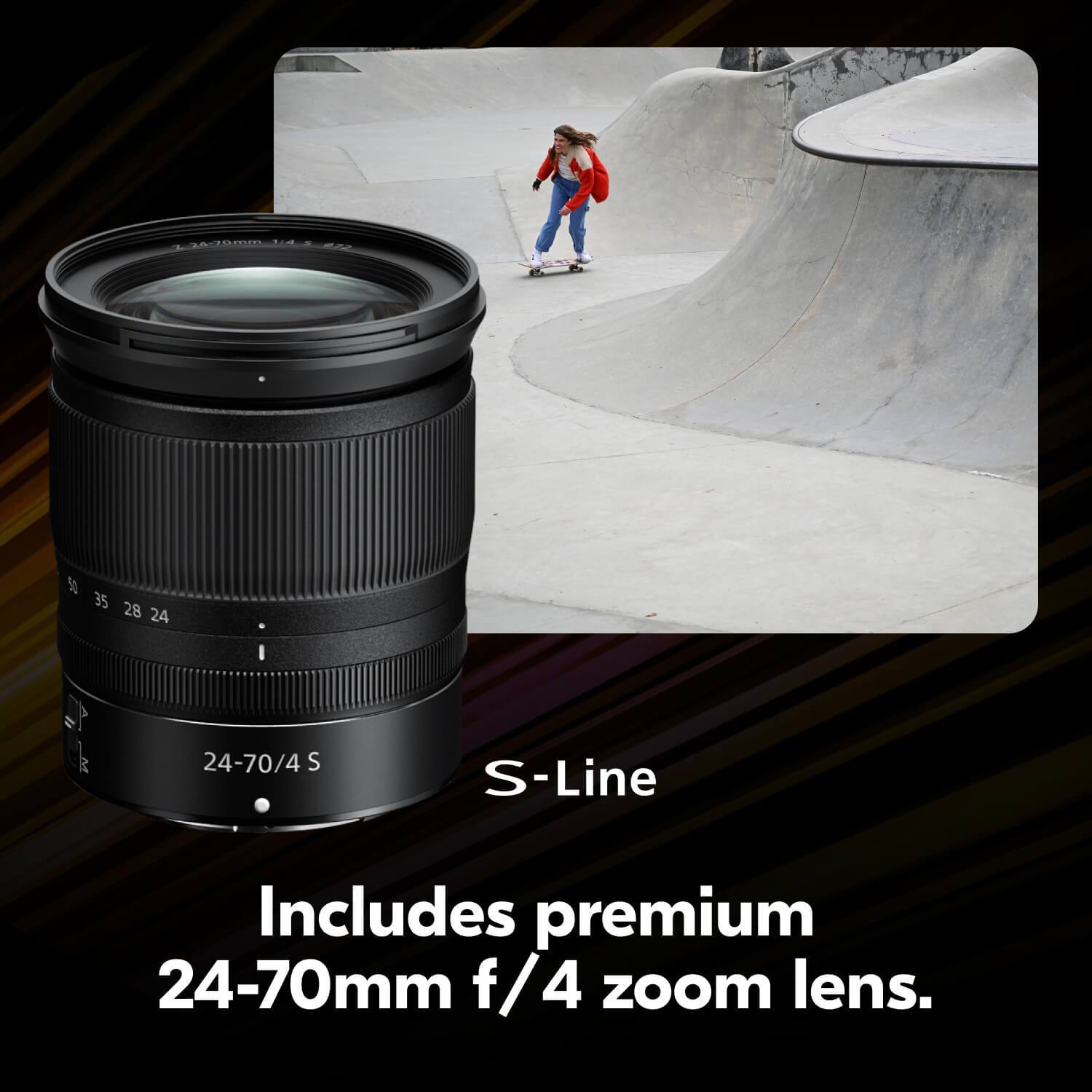 The corrected text is:

- mn 50 35 28 24 24-70/4 S S-Line Includes premium 24-70mm f/4 zoom lens.