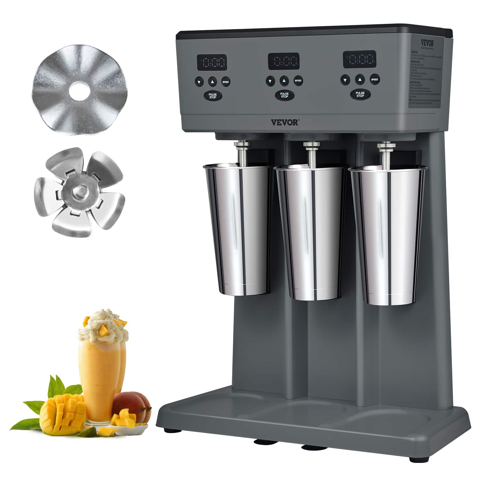 VEVOR - Milkshake Maker, 375W x 3 Electric Milkshake Machine, Commercial Triple Heads Drink Mixer Blender, LED Intelligent - Gray