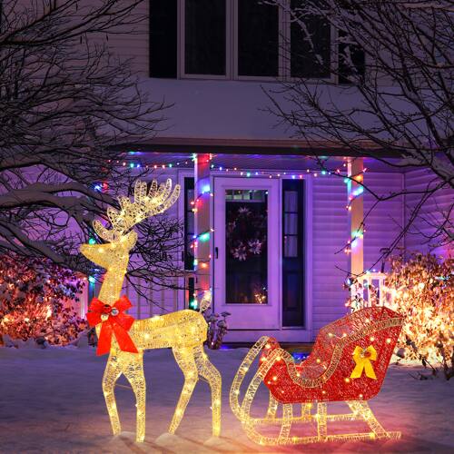 Alt View 8. Winado - Christmas 4FT Reindeer & Sleigh Set with LED Lights for Christmas Indoor Outdoor Garden Holiday Party Decorations - Golden.