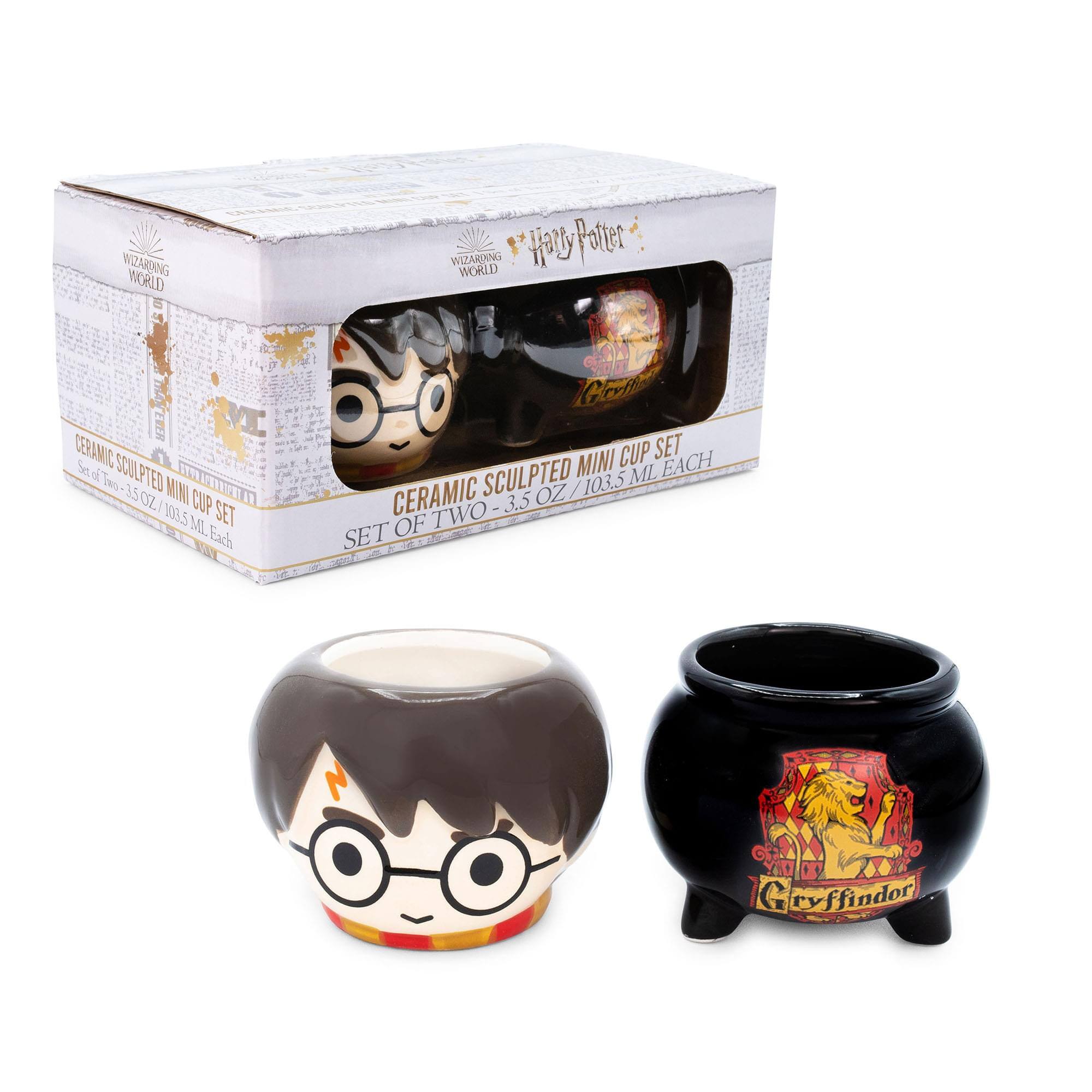 WIZARDING WORLD  
Harry Potter  

CERAMIC SCULPTED MINI CUP SET  
SET OF TWO - 3.5 OZ / 103.5 ML EACH  

CERAMIC SCULPTED MINI CUP SET  
SET OF TWO - 3.5 OZ / 103.5 ML EACH  

Gryffindor