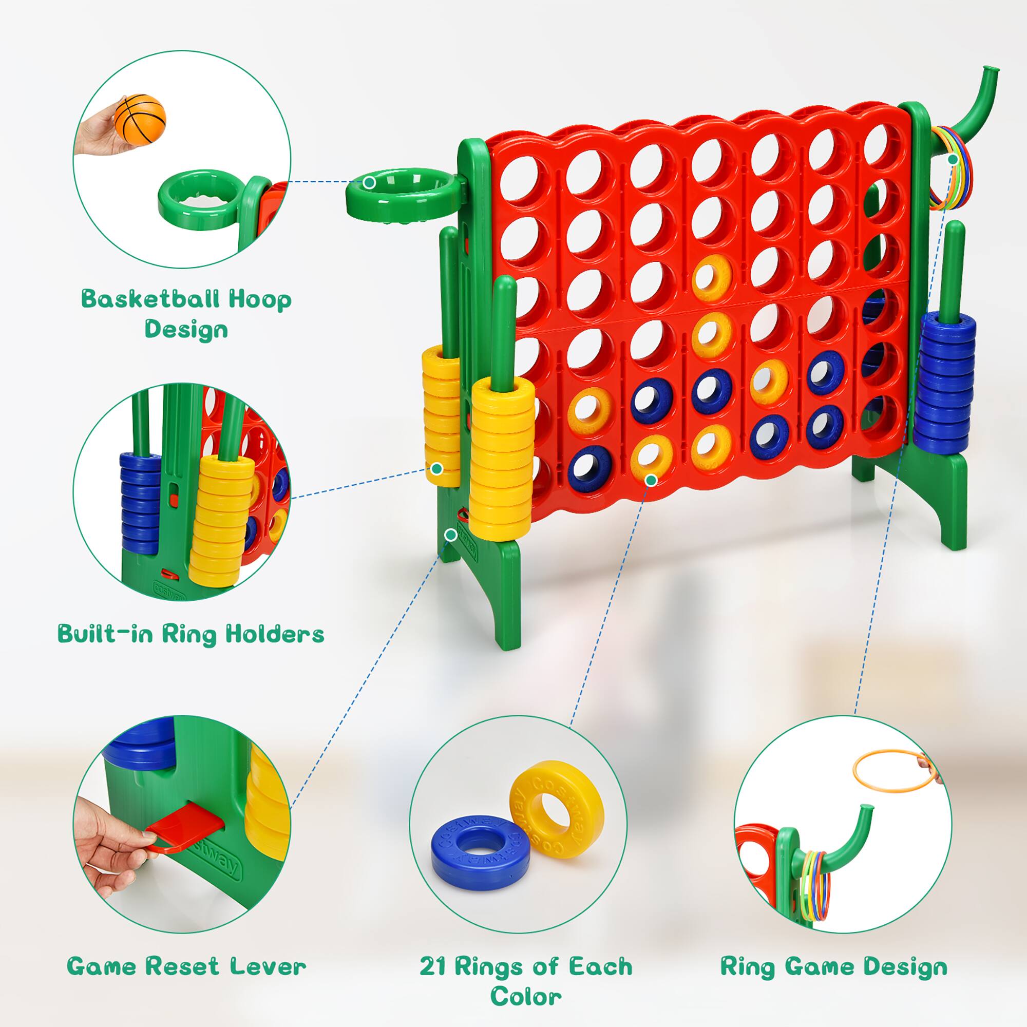 Basketball Hoop Design  
Built-in Ring Holders  
Game Reset Lever  
21 Rings of Each Color  
Ring Game Design