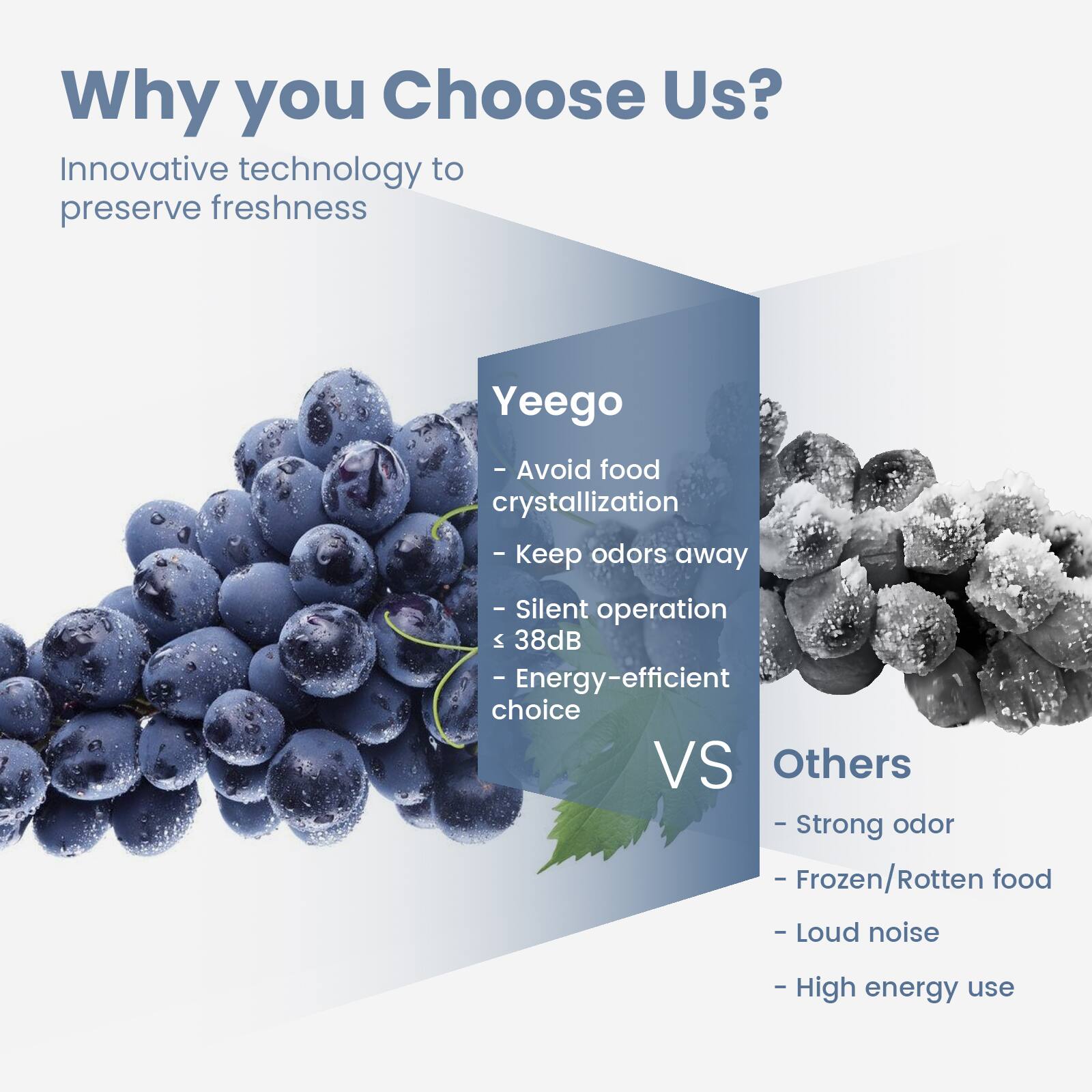 Why you Choose Us?

Innovative technology to preserve freshness

Yeego
- Avoid food crystallization
- Keep odors away
- Silent operation < 38dB
- Energy-efficient choice

VS

Others
- Strong odor
- Frozen/Rotten food
- Loud noise
- High energy use