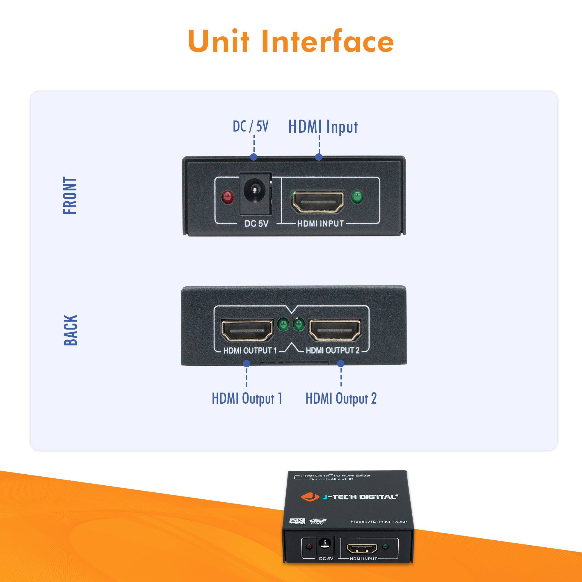 Unit Interface

FRONT
- DC/5V
- HDMI Input

BACK
- HDMI Output 1
- HDMI Output 2

J-TECH DIGITAL
Model: JTD-MINI-132SP
