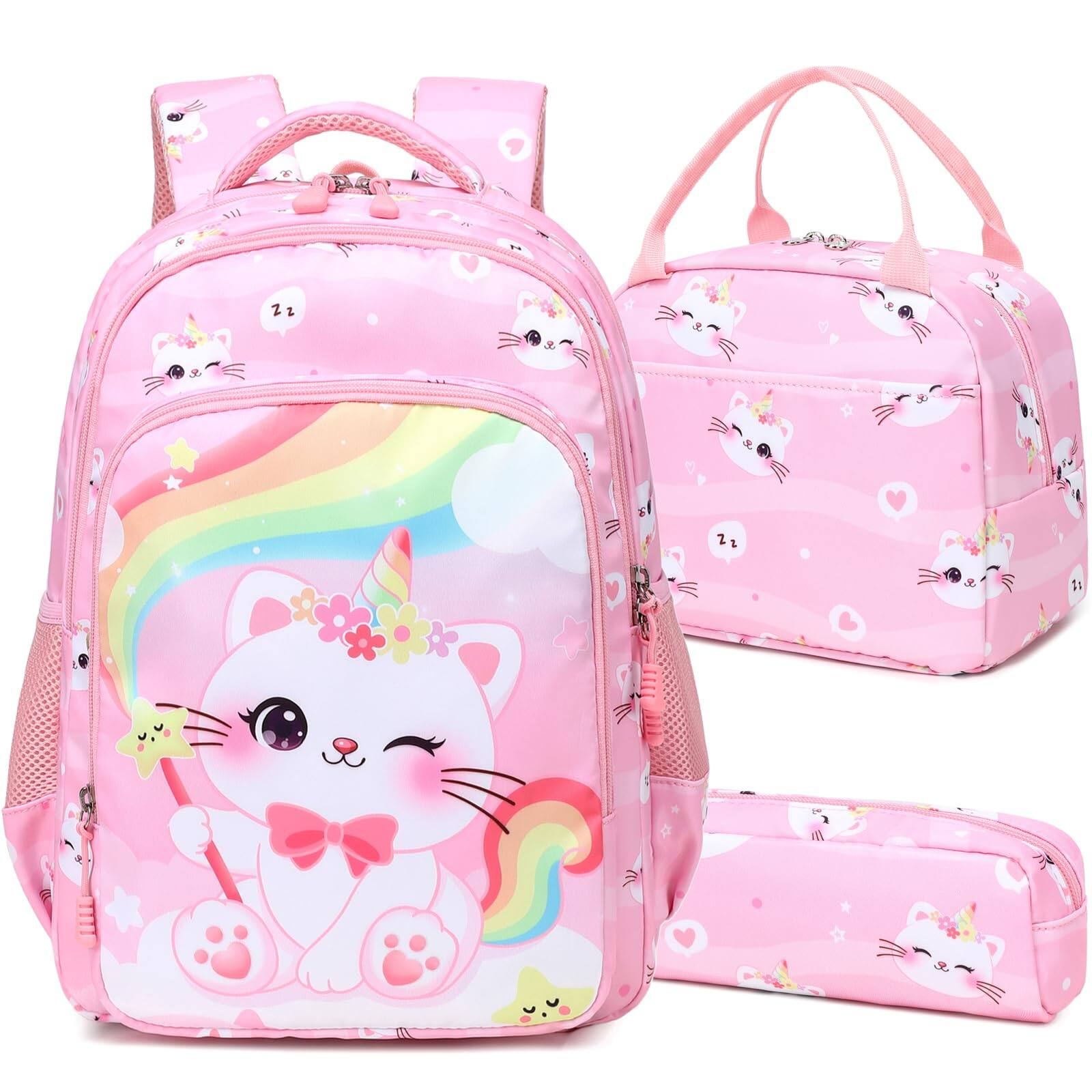 Front. Cozy Serene - Backpack For Elementary School Bookbag Set Cute Unicorn Backpacks Water Resistant - Caticorn Pink.