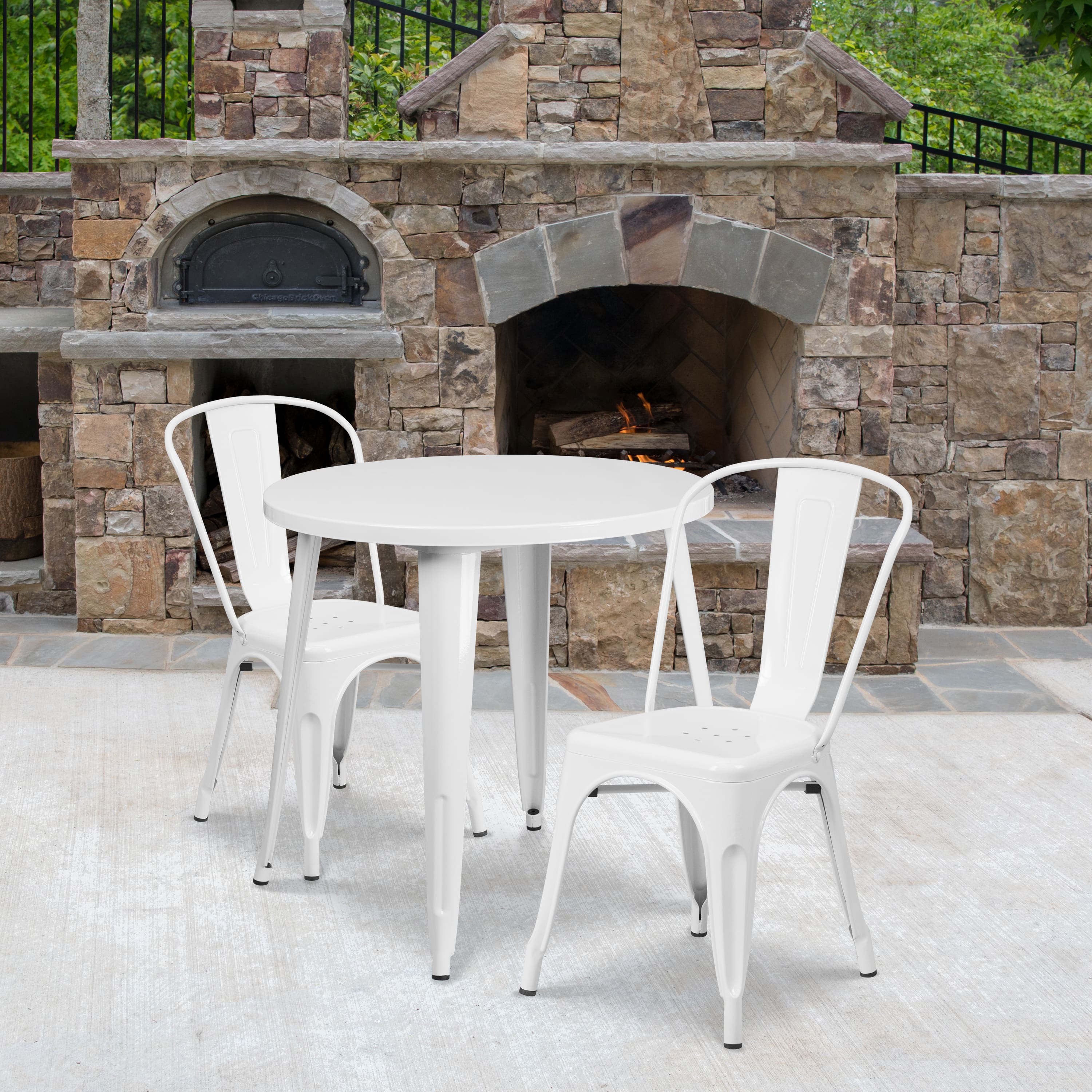Emma + Oliver - Commercial Grade 30" Round Metal Indoor-Outdoor Table Set with 2 Cafe Chairs - White
