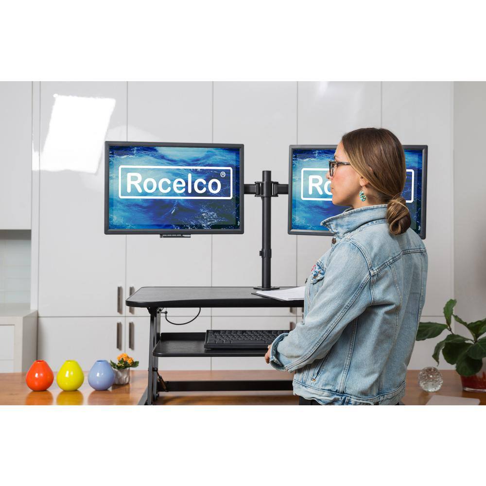 Angle. Rocelco - 37.5" Deluxe Height Adjustable Standing Desk Converter with Dual Monitor Mount BUNDLE, Large Retractable Keyboard Tray - Black.