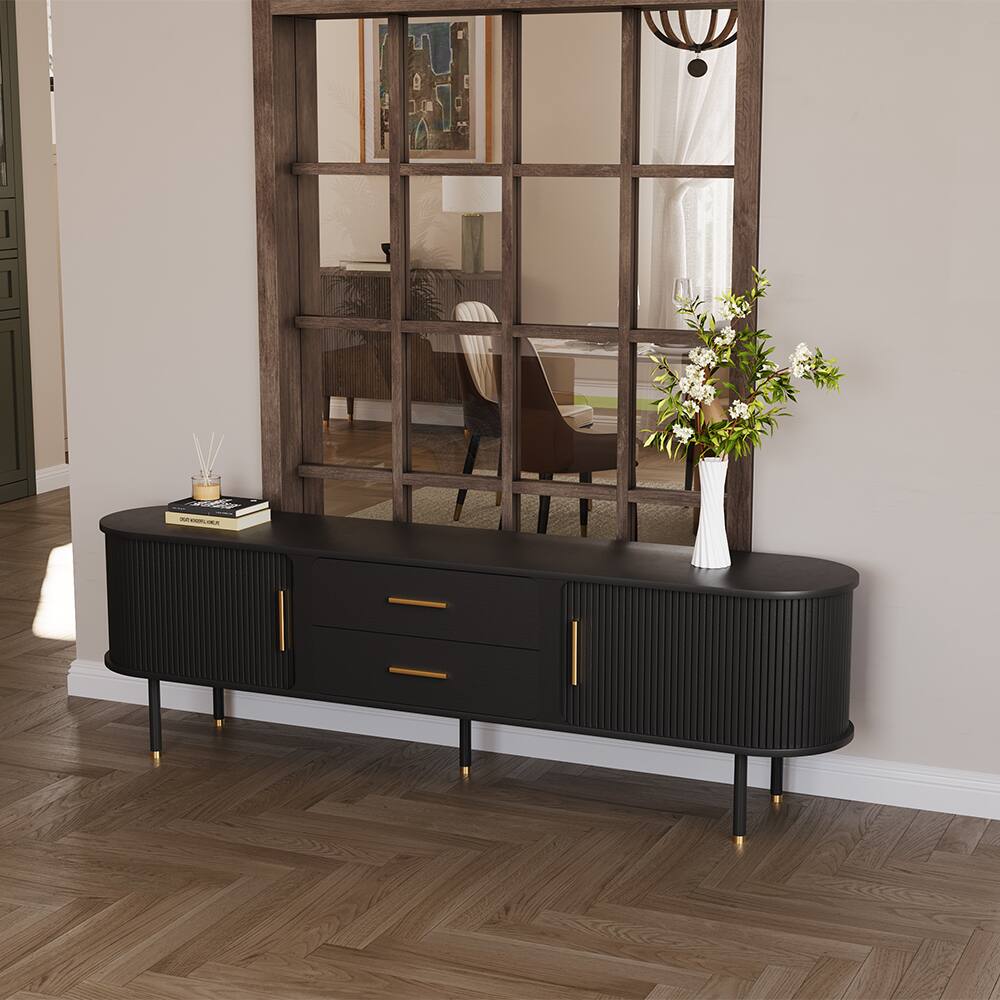 Alt View 10. POVISON - 78.74"Mid-Century TV Stand, with Minimalist Wood Media Console with Roller Shutter Door, Tall-Cast Metal Legs - Black.