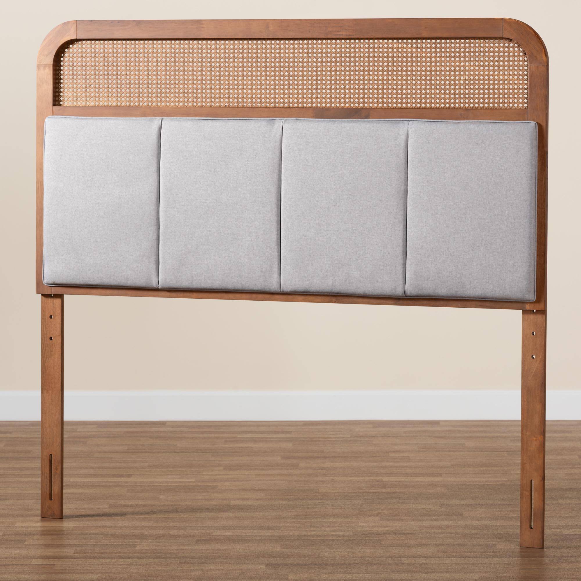 Alt View 2. Baxton Studio - Esti Mid-Century Modern Fabric and Finished Wood Queen Size Headboard with Rattan - Light Grey/Ash Walnut.