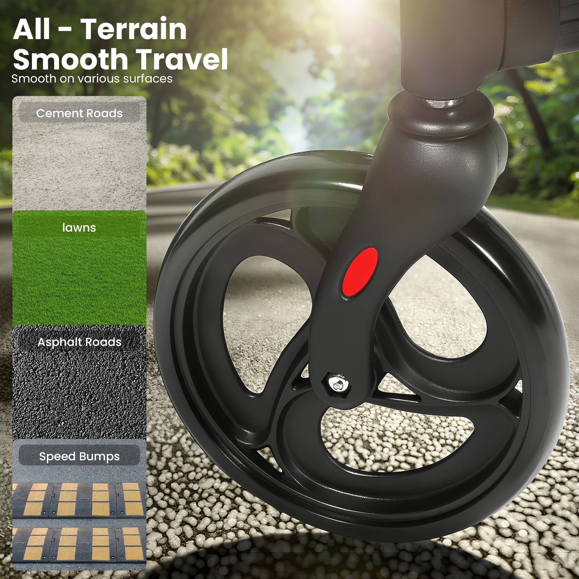 All-Terrain Smooth Travel  
Smooth on various surfaces  
Cement Roads  
Lawns  
Asphalt Roads  
Speed Bumps