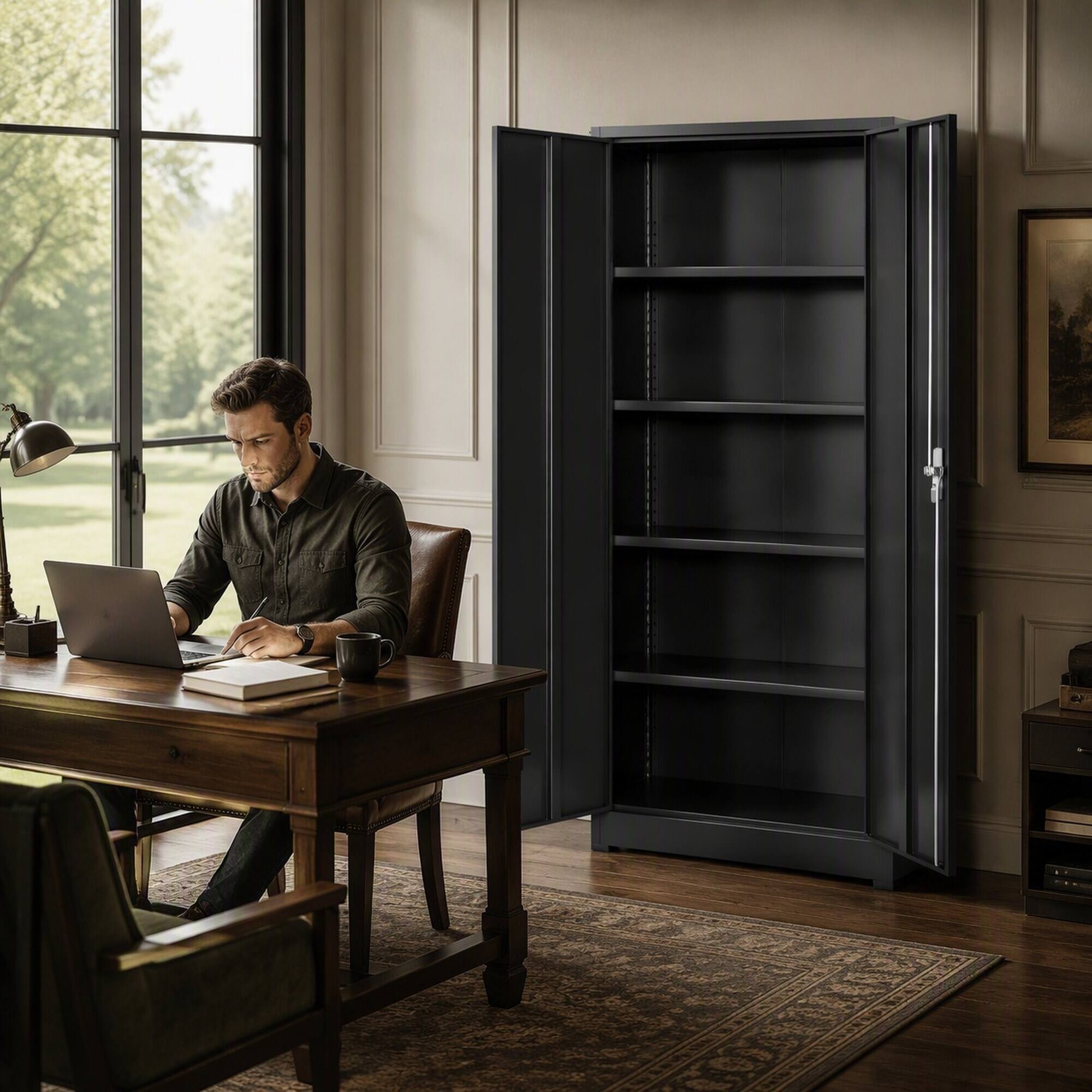 Back. RYHNUYNE - 72 in Tall Metal Storage Cabinet with Locking Doors, 0.8mm Cold Rolled Steel Garage Cabinet with 3-Point Lock System - Black.