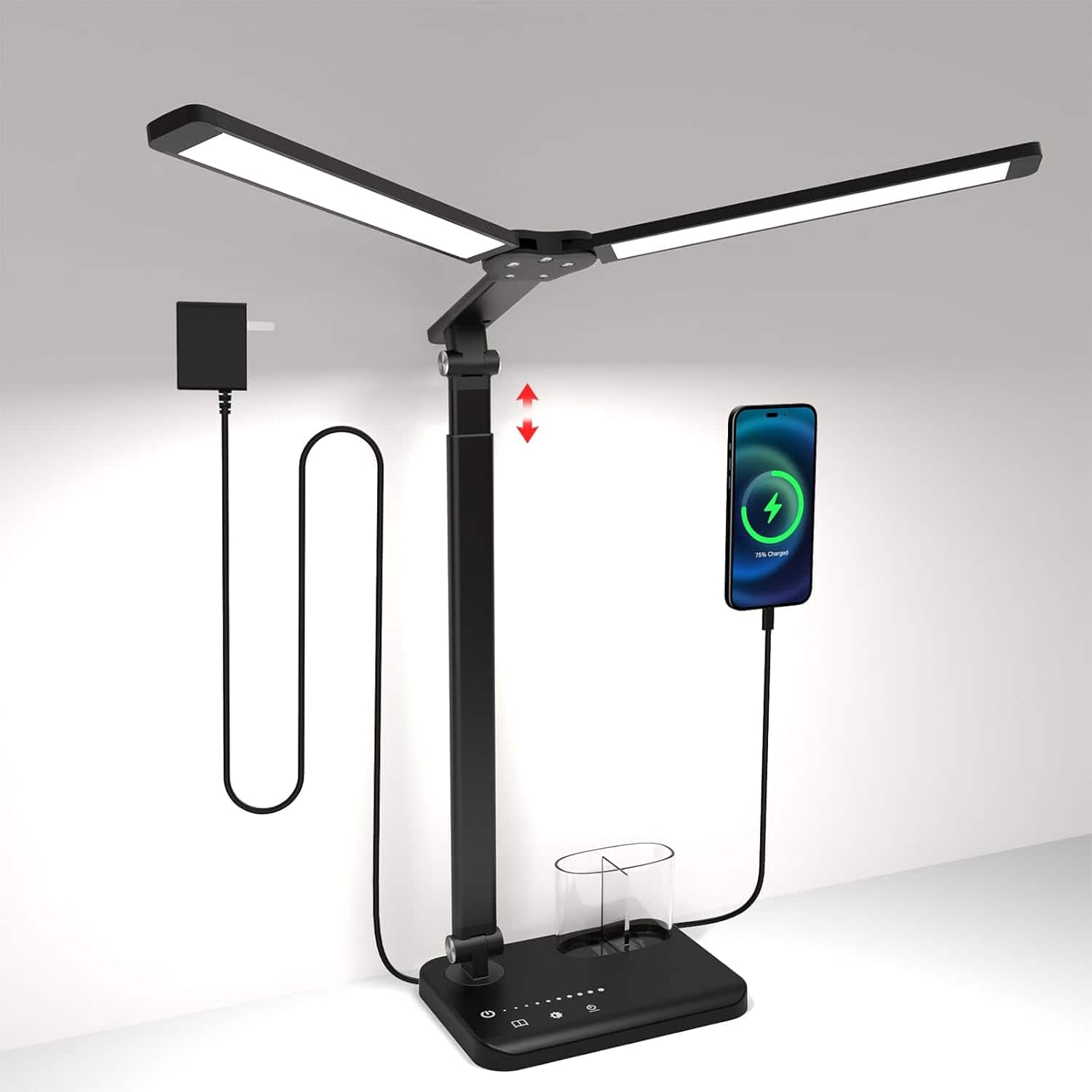 Dazzed Corner - LED Desk Lamp, Dual Heads, Adjustable Height, USB Charging - Black