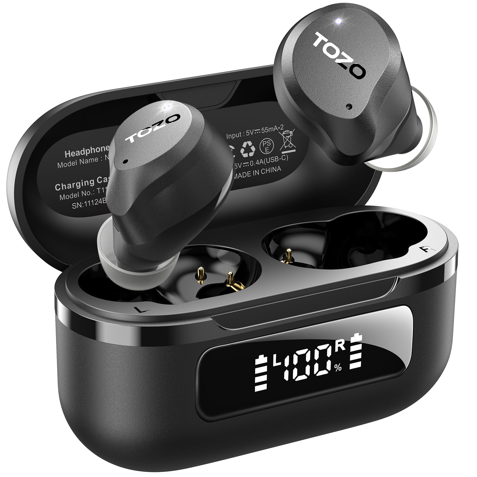 TOZO Headphone  
Model Name: N  
Charging Case:  
Model No.: T1  
SN: 11124B  

Input: 5V=55mA-2  
5V=0.4A (USB-C)  

MADE IN CHINA
