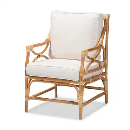 Front. bali & pari - Brandon Modern Bohemian Fabric Upholstered and Rattan Armchair - White/Natural Brown.