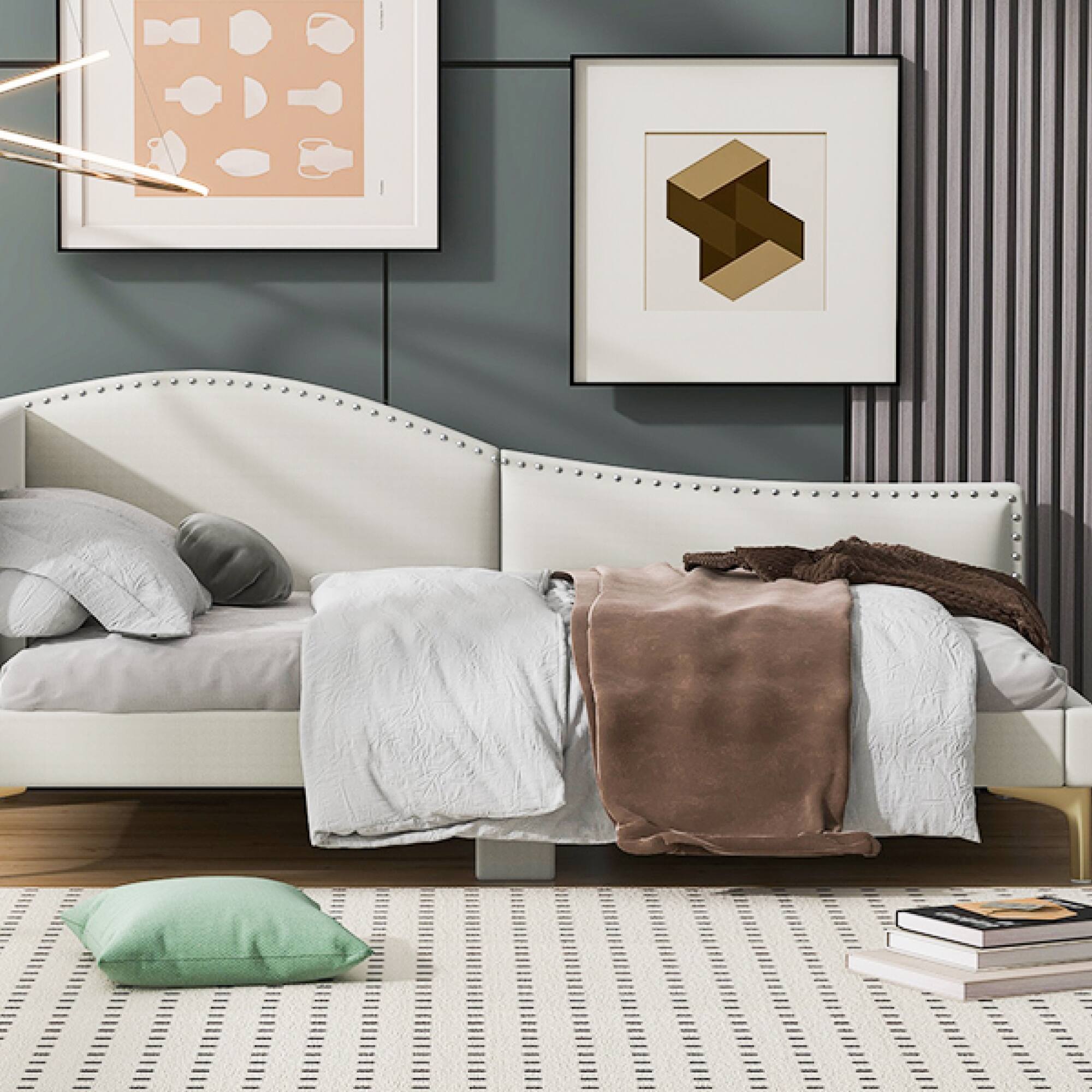 Alt View 4. GOODSILO - Twin Size Upholstered Daybed with Headboard and Armrest, Sturdy Support Legs - Beige.