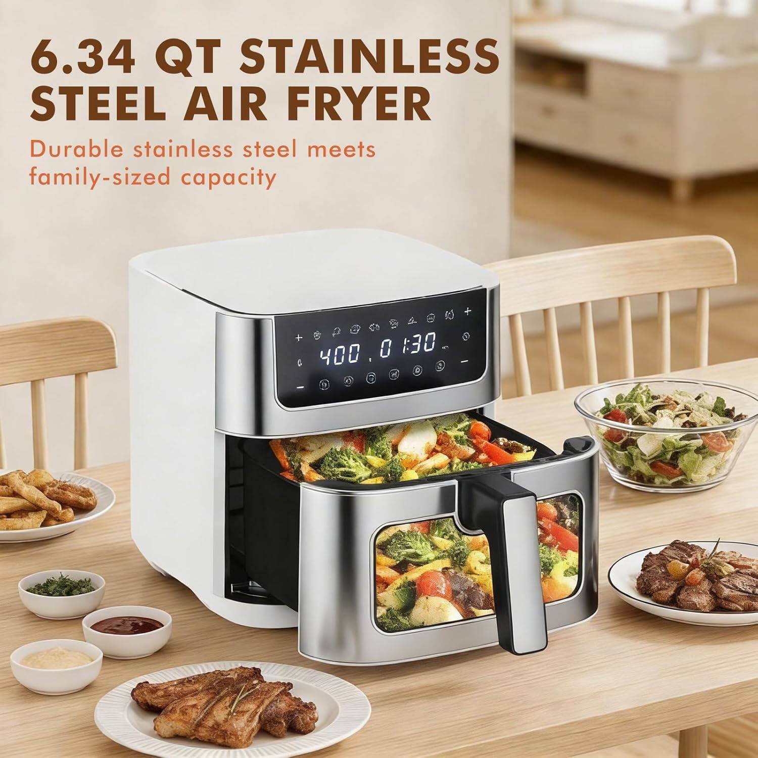 6.34 QT STAINLESS STEEL AIR FRYER  
Durable stainless steel meets family-sized capacity