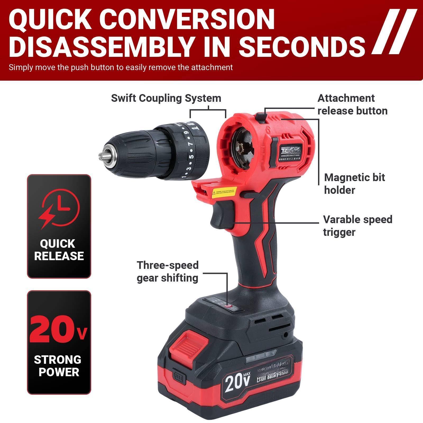 Sure, here is the corrected and grouped text from the image:

---

**QUICK CONVERSION DISASSEMBLY IN SECONDS**

Simply move the push button to easily remove the attachment

- **Swift Coupling System**
- **Attachment release button**
- **Magnetic bit holder**
- **Variable speed trigger**
- **Three-speed gear shifting**
- **20v STRONG POWER**

**QUICK RELEASE**

**20v STRONG POWER**

---