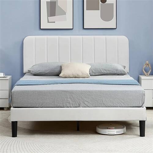Back. SlickBlue - Upholstered Platform Bed Frame with Padded Headboard for Modern Bedrooms - White.