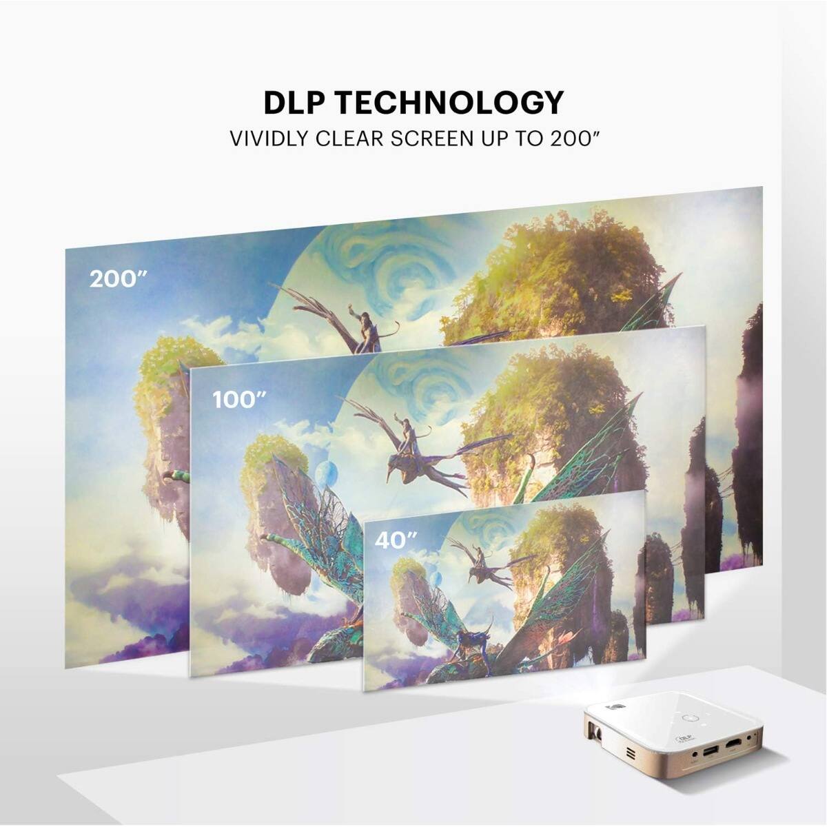 DLP TECHNOLOGY  
VIVIDLY CLEAR SCREEN UP TO 200"  
200"  
100"  
40"