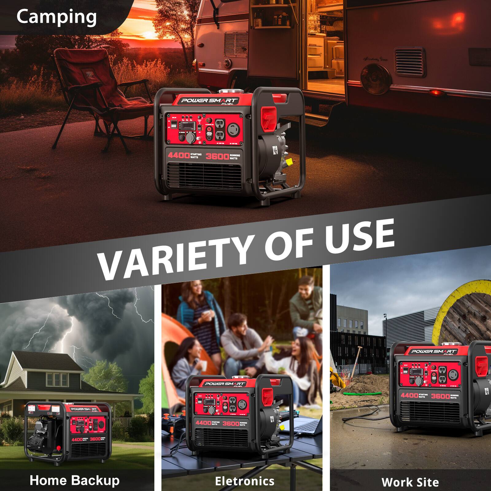 Camping

POWER SMART

4400 WATTS 3600 WATTS

VARIETY OF USE

Home Backup

Electronics

Work Site