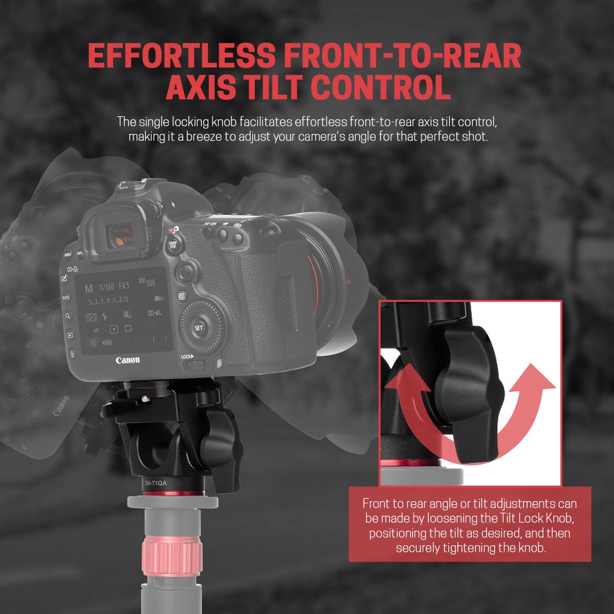 EFFORTLESS FRONT-TO-REAR AXIS TILT CONTROL  
The single locking knob facilitates effortless front-to-rear axis tilt control, making it a breeze to adjust your camera's angle for that perfect shot.

Front to rear angle or tilt adjustments can be made by loosening the Tilt Lock Knob, positioning the tilt as desired, and then securely tightening the knob.