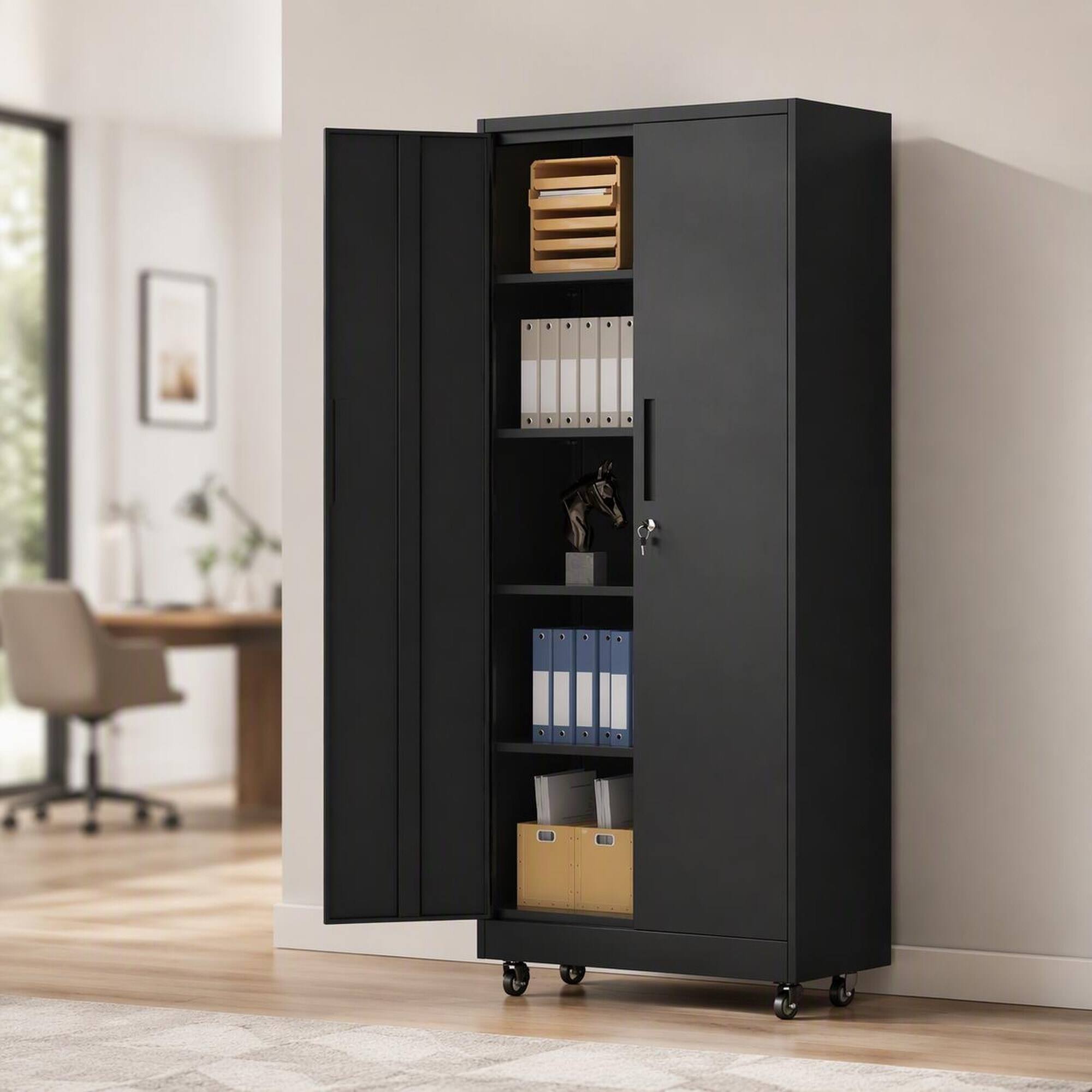 Front. RYHNUYNE - 71 in Heavy Duty Rolling Metal Garage Storage Cabinet, 4 Adjustable Shelves 180 lbs Each, 3-Point Locking System - Black.