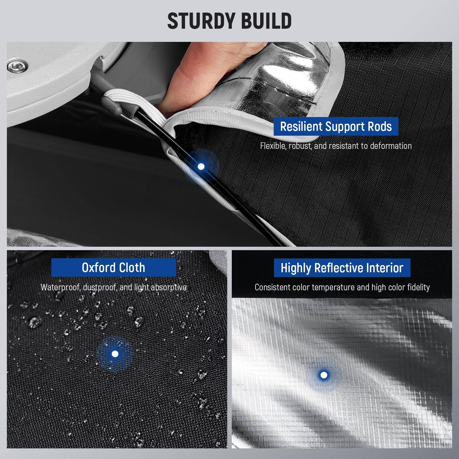 STURDY BUILD

- Resilient Support Rods
  - Flexible, robust, and resistant to deformation

- Oxford Cloth
  - Waterproof, dustproof, and light absorptive

- Highly Reflective Interior
  - Consistent color temperature and high color fidelity
