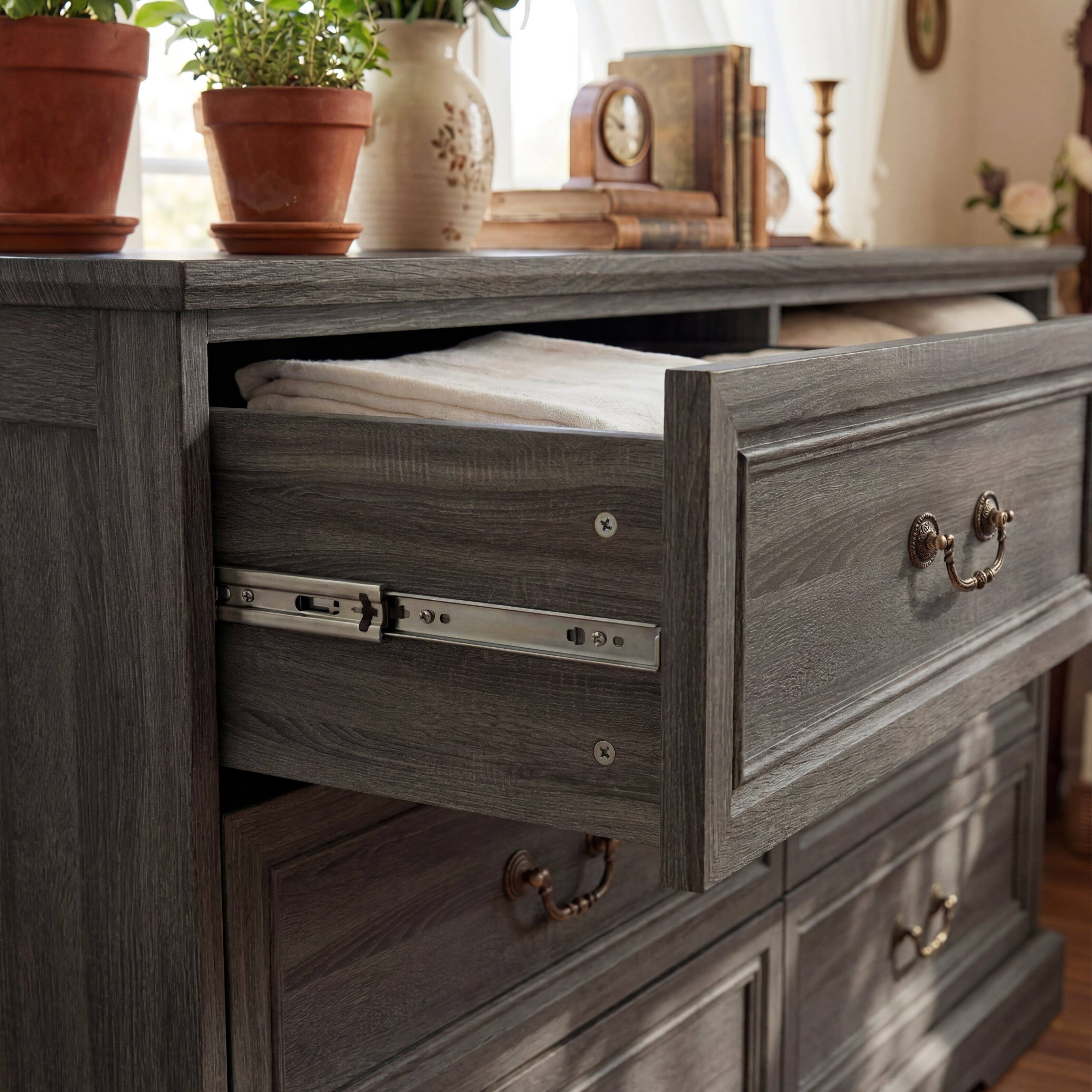 Alt View 5. FUFU & GAGA - Vintage 6-Drawer Dresser - Farmhouse Style Storage Chest with Bronze Hardware for Bedroom, Living Room, Entryway - Distressed gray.