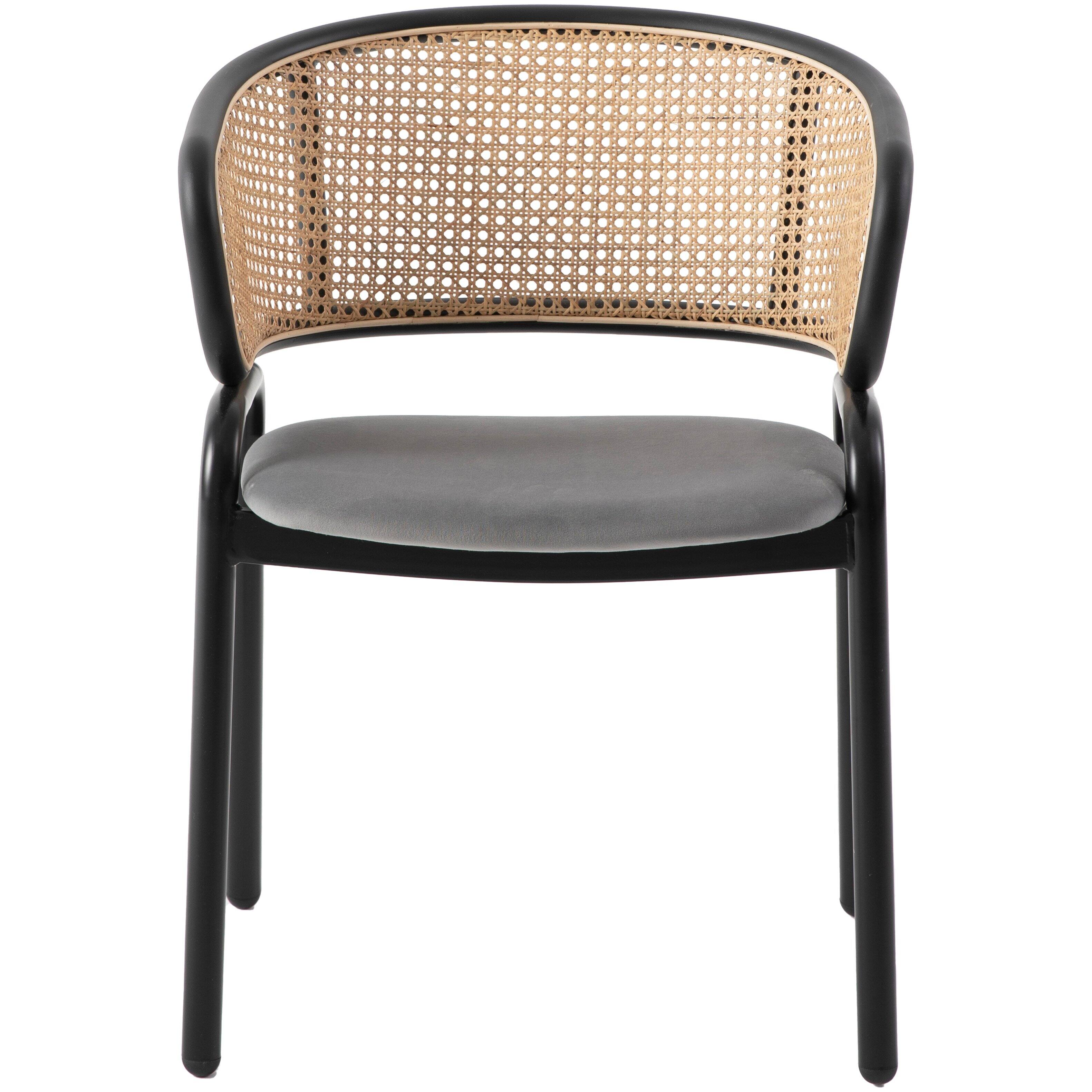 Left. LeisureMod - Ervilla Mid-Century Modern Dining Arm Chair, Velvet Upholstered Seat with Rattan Back & Metal Base - Navy Blue.
