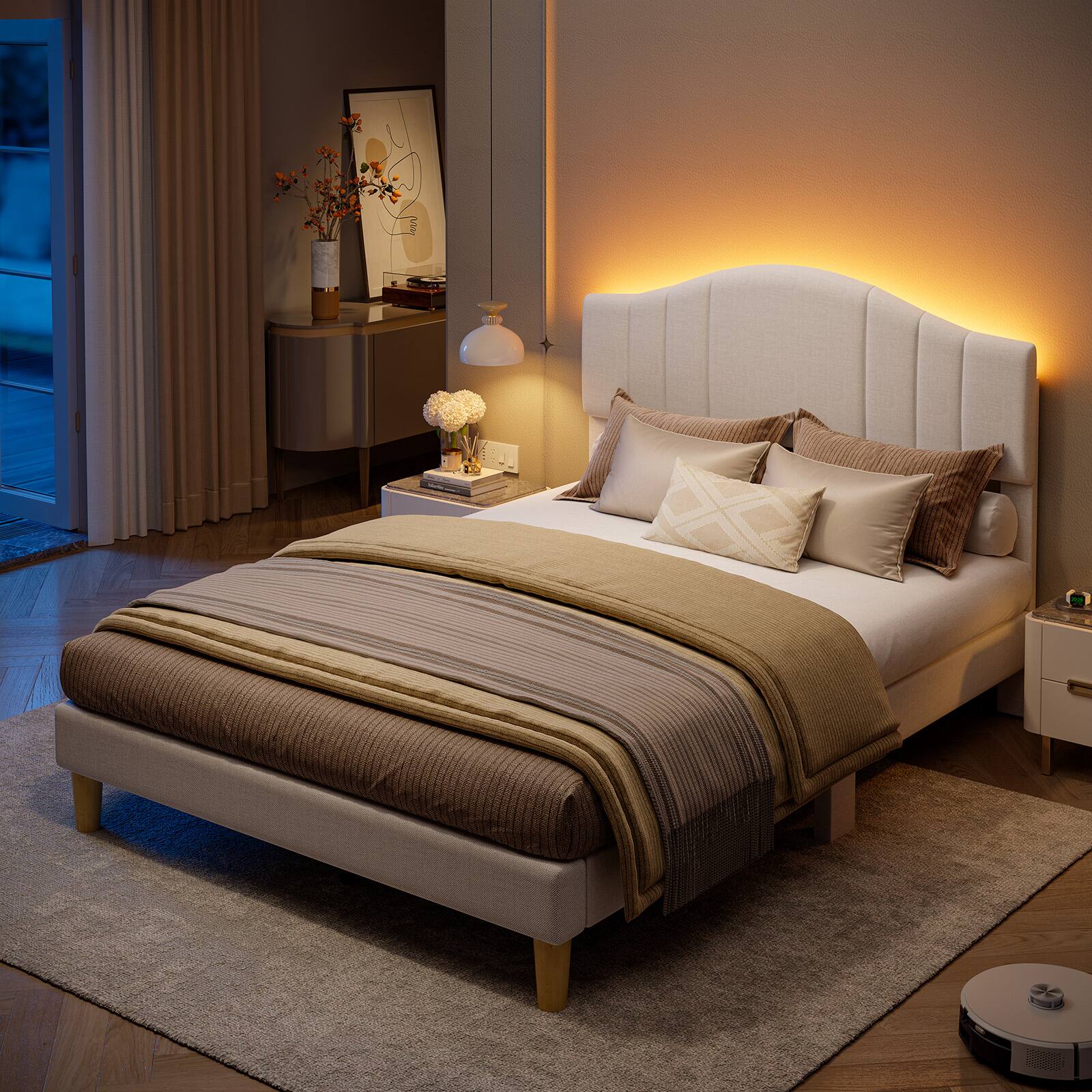 Angle. Pinmoco - Pinmoco - Upholstered Platform Bed Frame with Adjustable LED Arc Headboard - Fabric Beige.