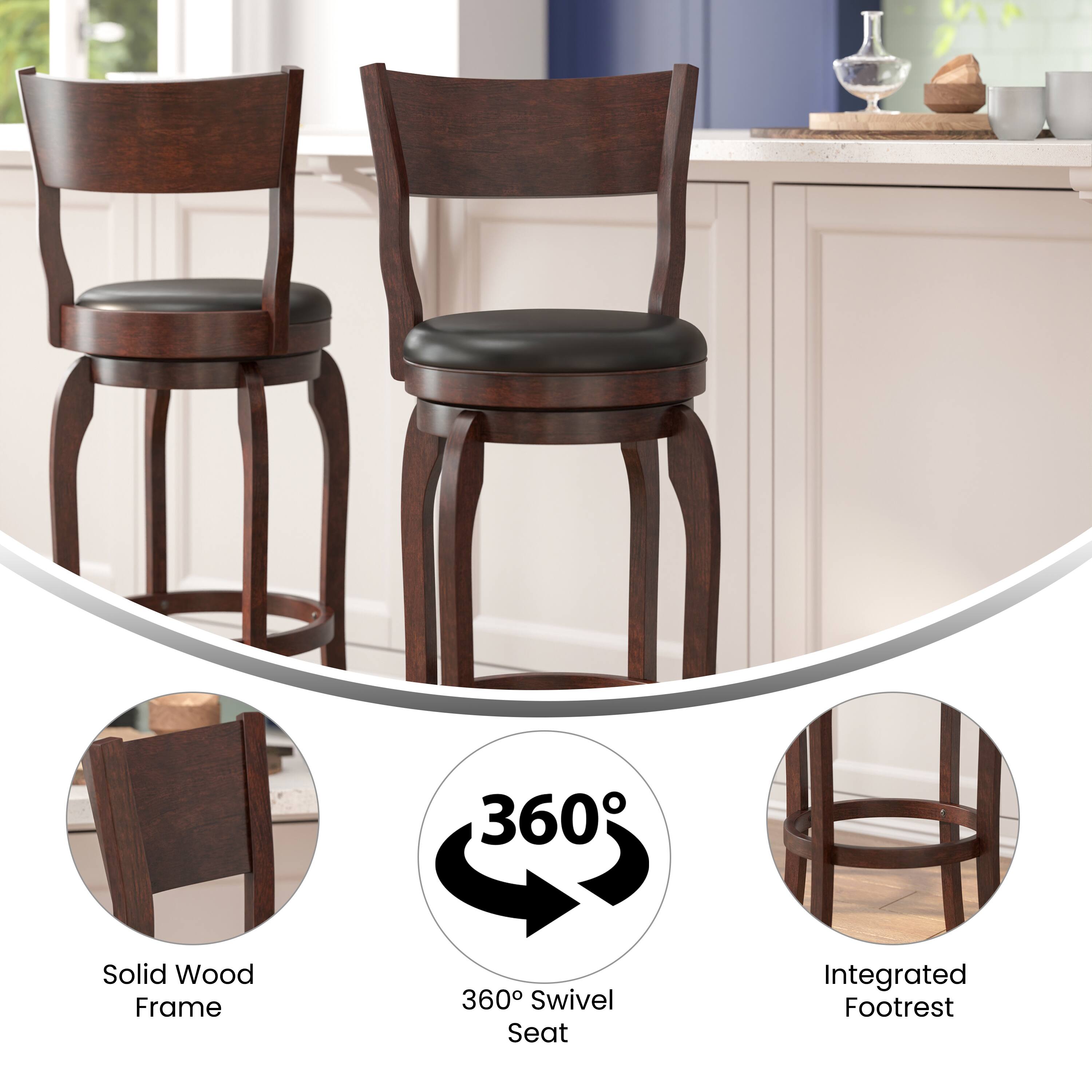360° Swivel Seat  
Solid Wood Frame  
Integrated Footrest