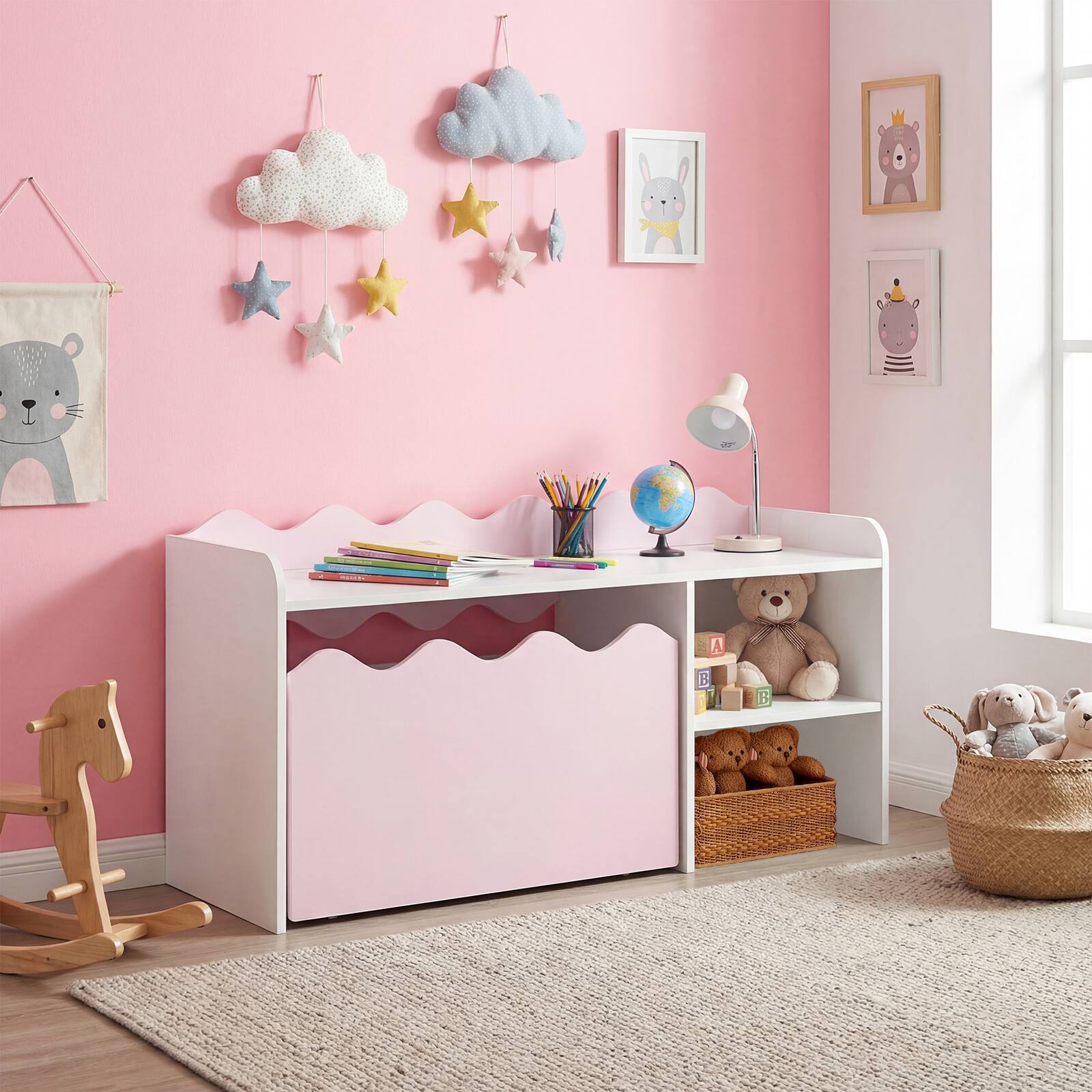 Alt View 2. Costway - Costway Kids Bookshelf & Toy Storage Organizer,Wooden Toddler Book Rack with Movable Drawer - Pink + White.